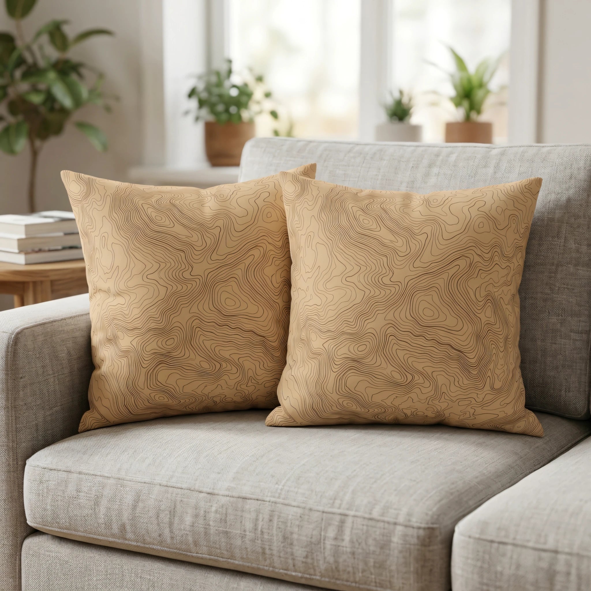 Duo of tan decorative pillows with a topographic map pattern on a grey sofa in a bright, modern living room interior setting.