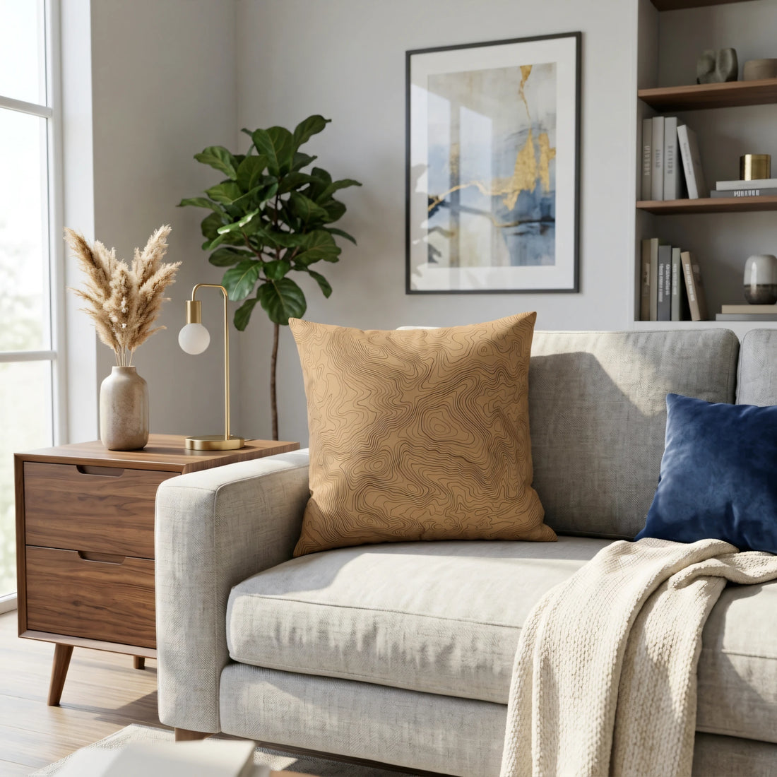 Modern ochre pillow with a topographic map design on a light gray sofa in a bright, stylish living room interior.