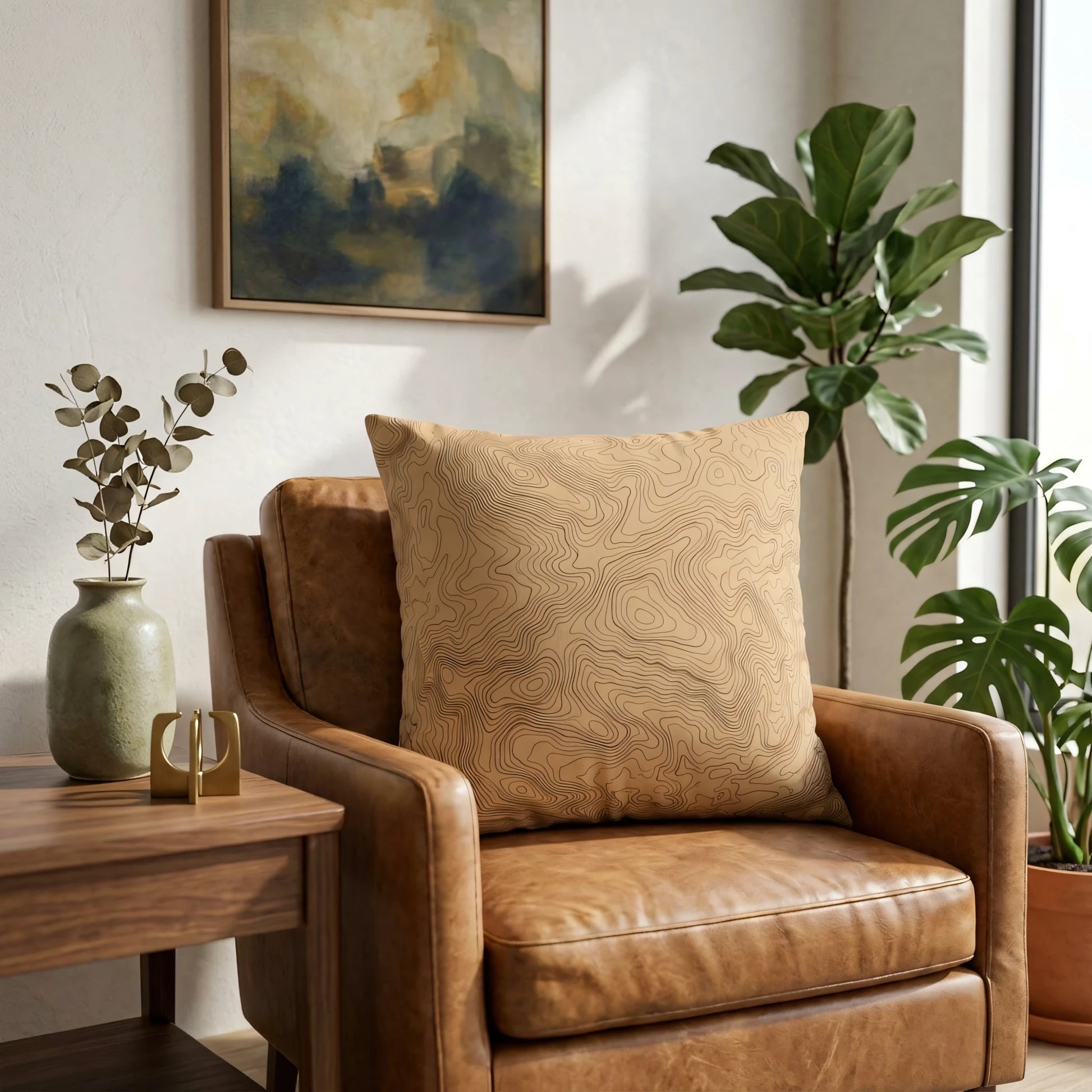 Tan topographic map print pillow on a brown leather armchair in a stylish living room with indoor plants and a wooden side table.