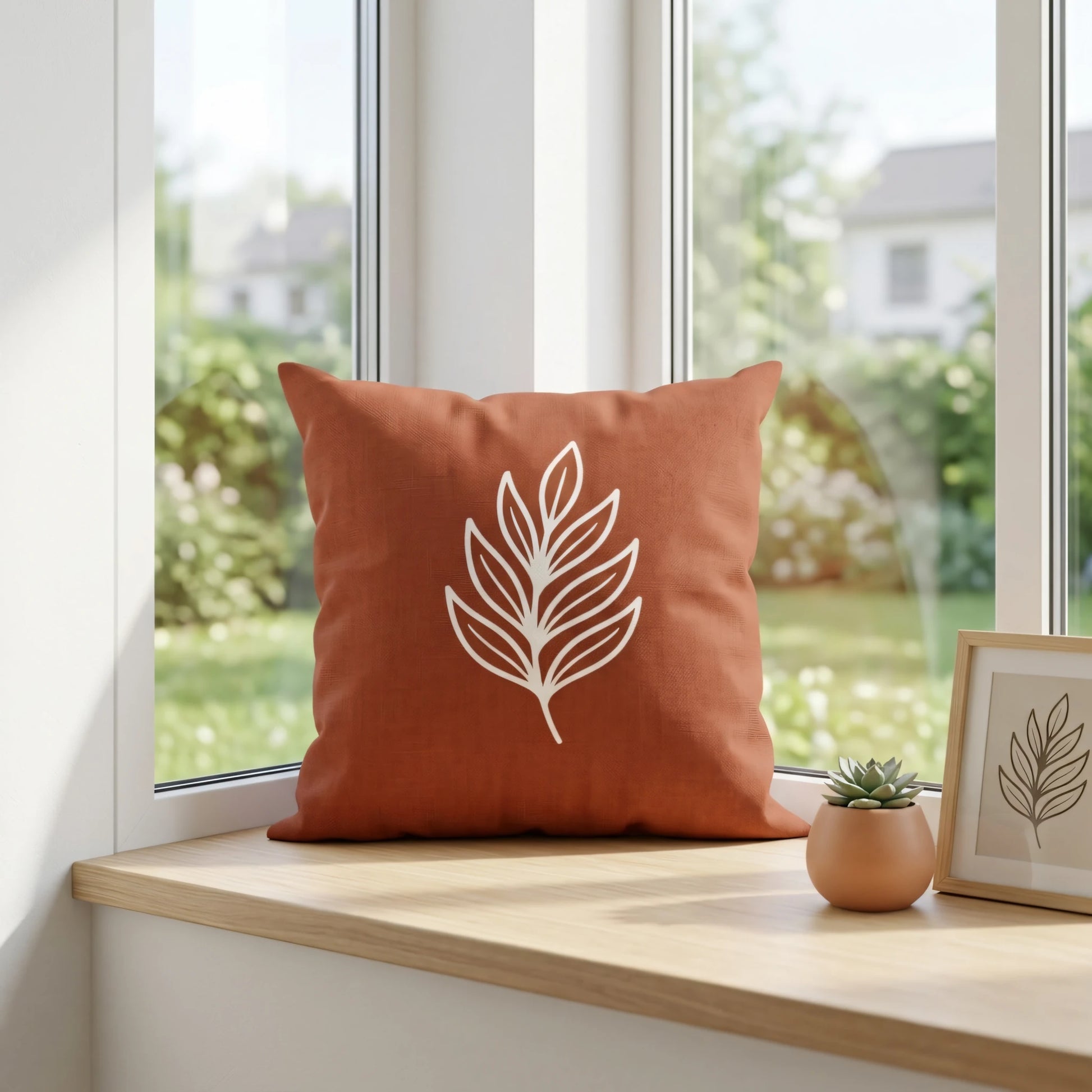 Terracotta decorative cushion with white leaf art on a sunny wooden windowsill in a bright room lifestyle scene.