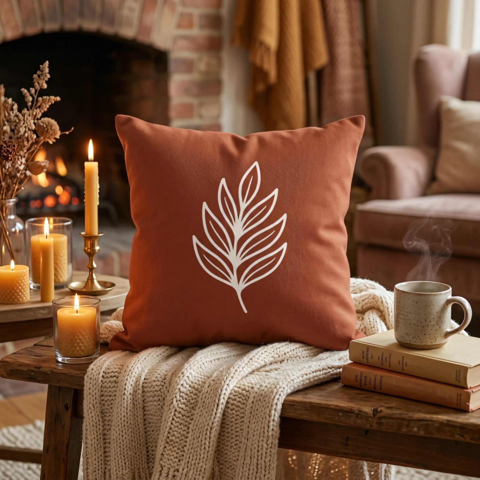 Burnt orange throw pillow with a white leaf design, styled in a cozy room with candles, books, and a warm fireplace background.