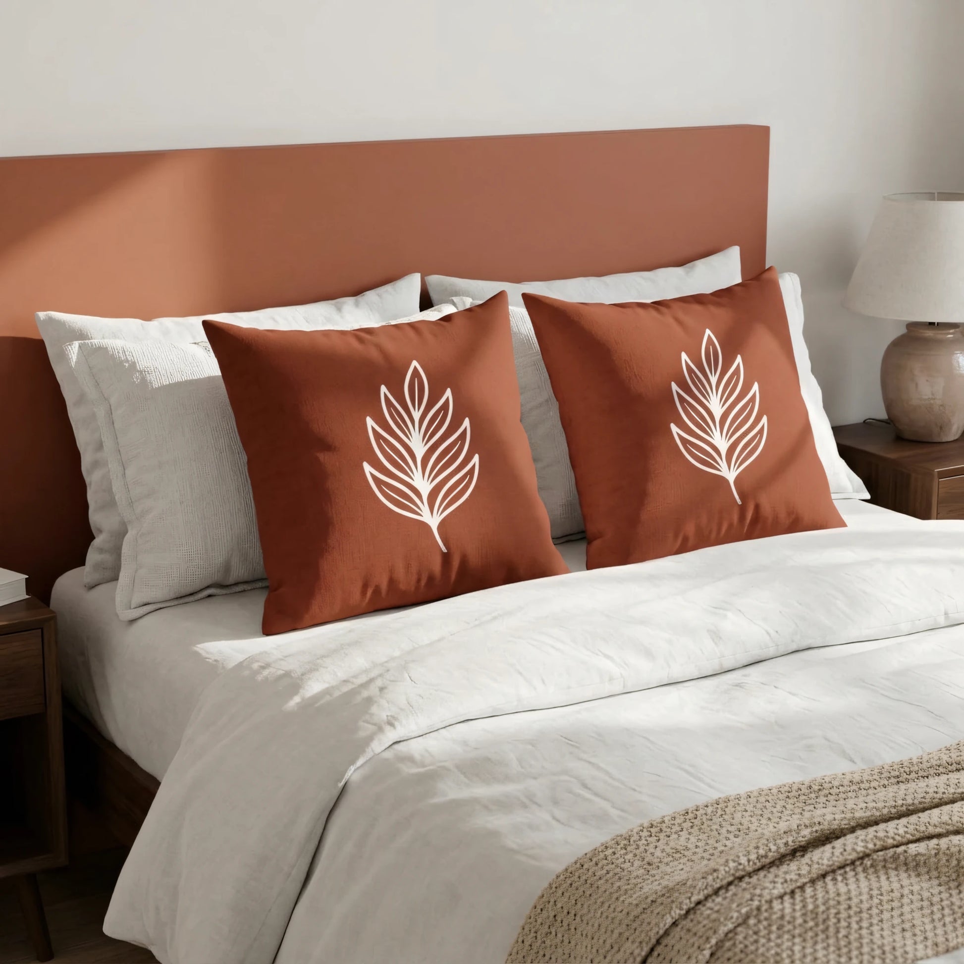 Two terracotta throw pillows with white leaf patterns on a white bed, featuring a matching rust headboard and minimalist bedroom decor.