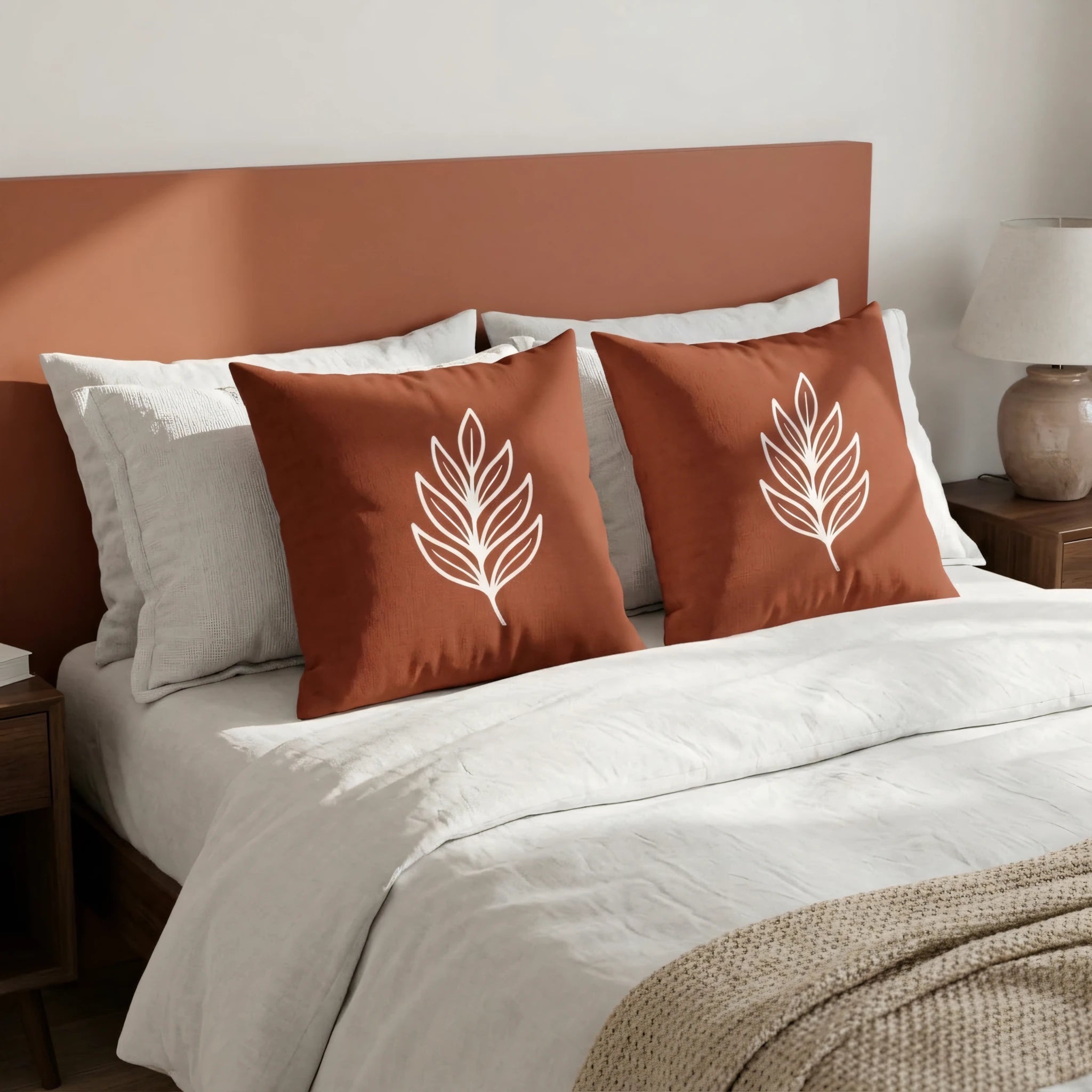 Two terracotta throw pillows with white leaf patterns on a white bed, featuring a matching rust headboard and minimalist bedroom decor.