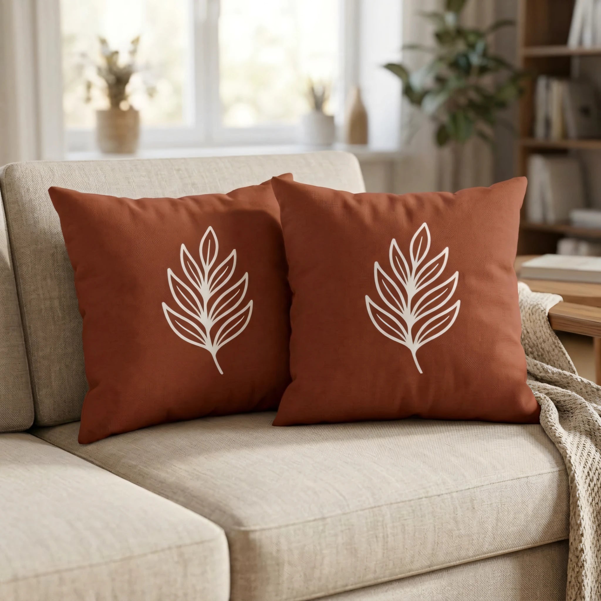 Pair of terracotta throw pillows with white leaf prints on a beige sofa in a cozy, sunlit living room lifestyle shot.