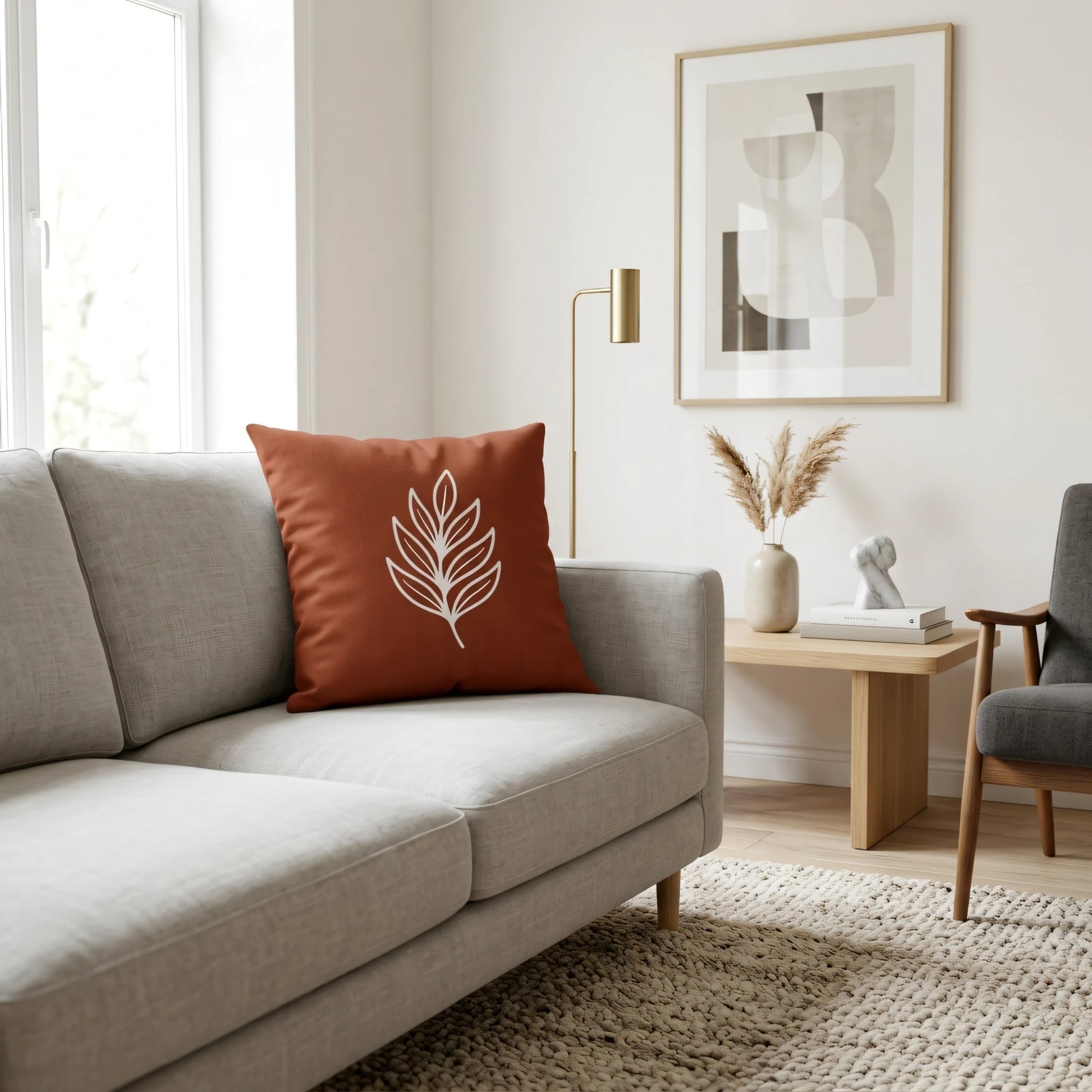 Burnt orange cushion with a white leaf print on a grey sofa in a bright modern living room with neutral decor and wooden accents.