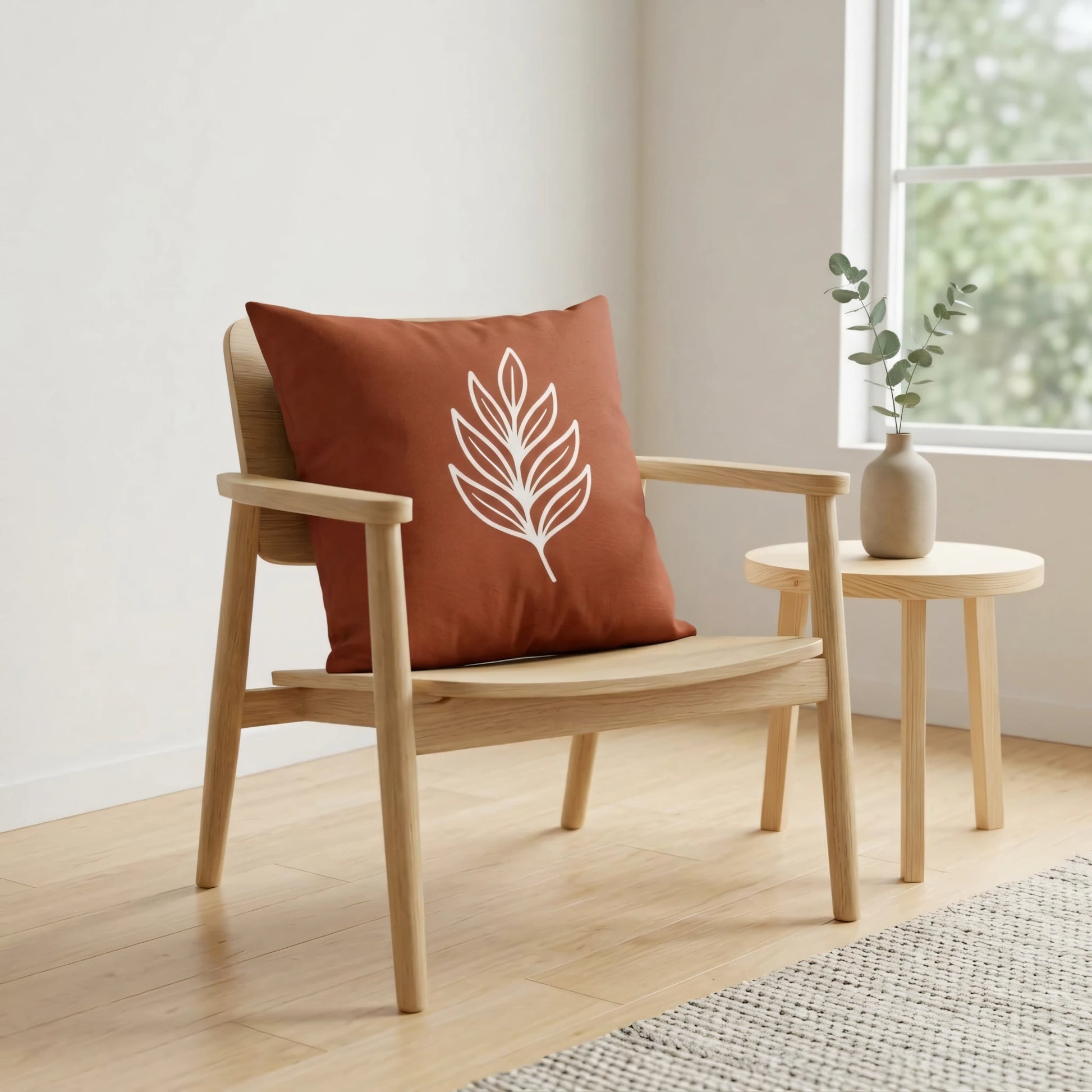 Terracotta square pillow with a white leaf graphic on a wooden armchair in a bright minimalist interior with a side table and plant.