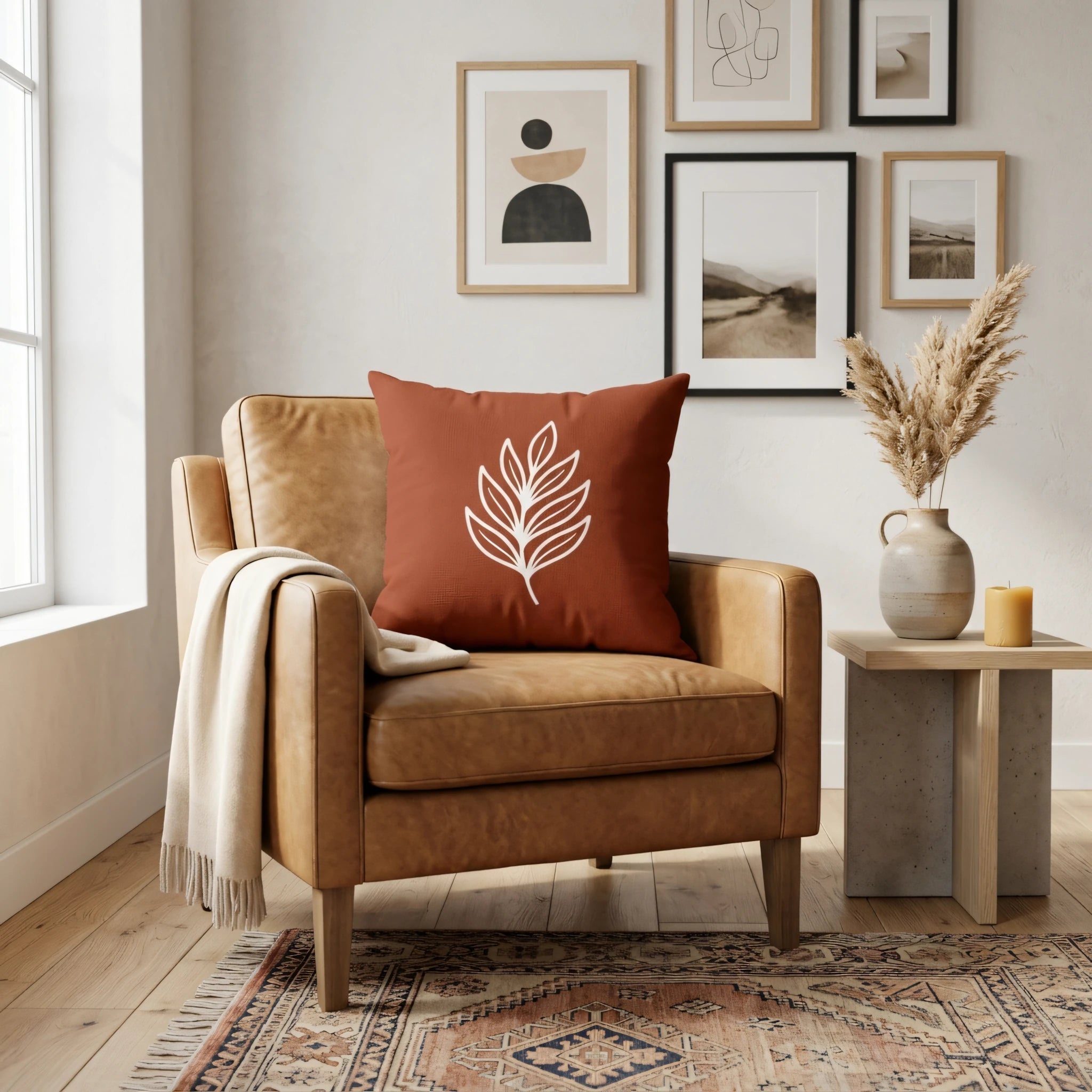 Burnt orange cushion with a white leaf design on a tan leather armchair in a cozy lifestyle setting with abstract wall art and a rug.