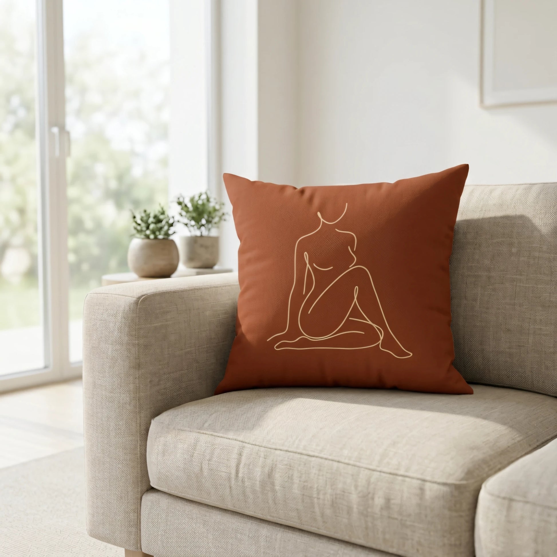 Minimalist terracotta cushion with gold line art woman silhouette on a neutral sofa in a bright, sunlit modern living room.