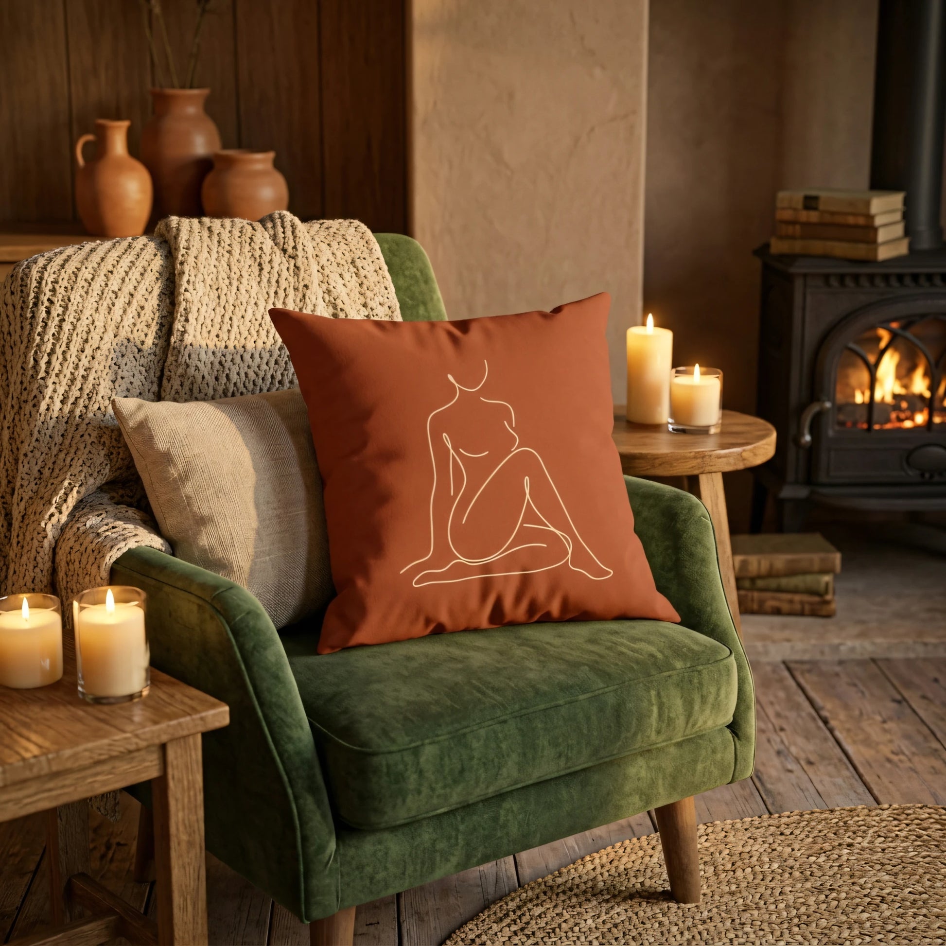 Terracotta decorative pillow with white line art on a green armchair in a cozy living room featuring a warm fireplace and glowing candles.