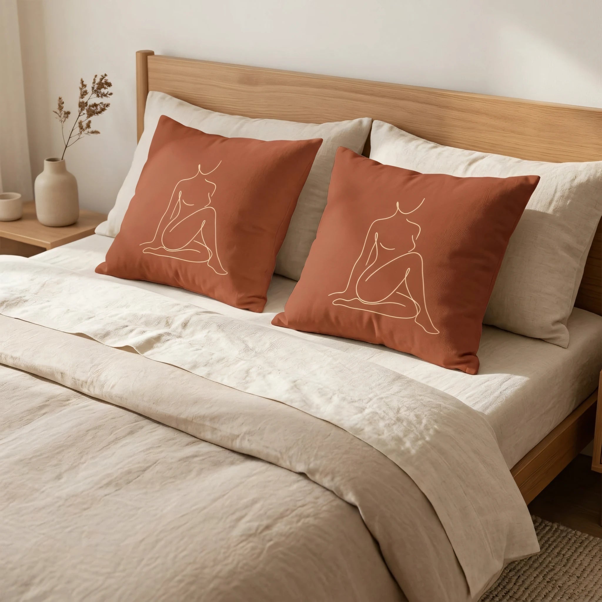 Terracotta throw pillows with minimalist female line art, styled on a wooden bed with beige linen bedding in a bright, modern lifestyle bedroom.