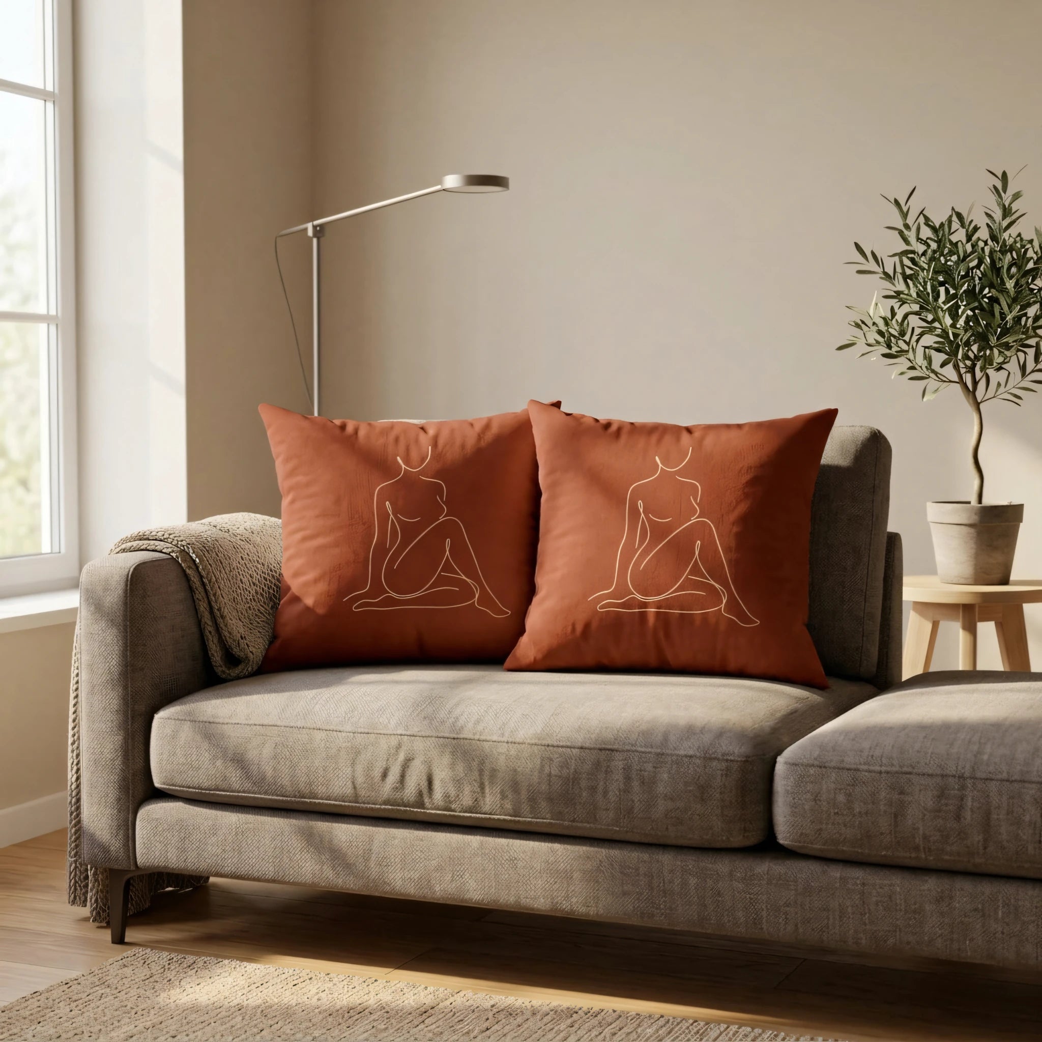 Two terracotta cushions featuring white female line art on a grey sofa in a modern, sunlit living room with an olive tree and lamp.
