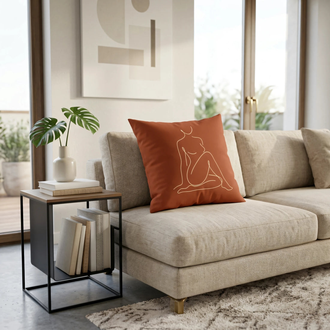 Modern terracotta cushion with gold minimalist line art of a woman, styled on a neutral sofa in a bright contemporary living room setting.