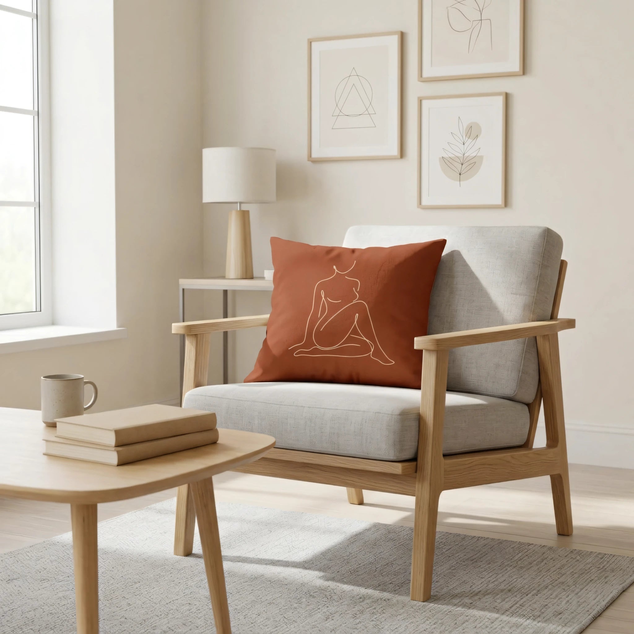 Burnt orange minimalist pillow with a white line drawing of a woman, styled on a light wood armchair in a neutral, modern living room setting.