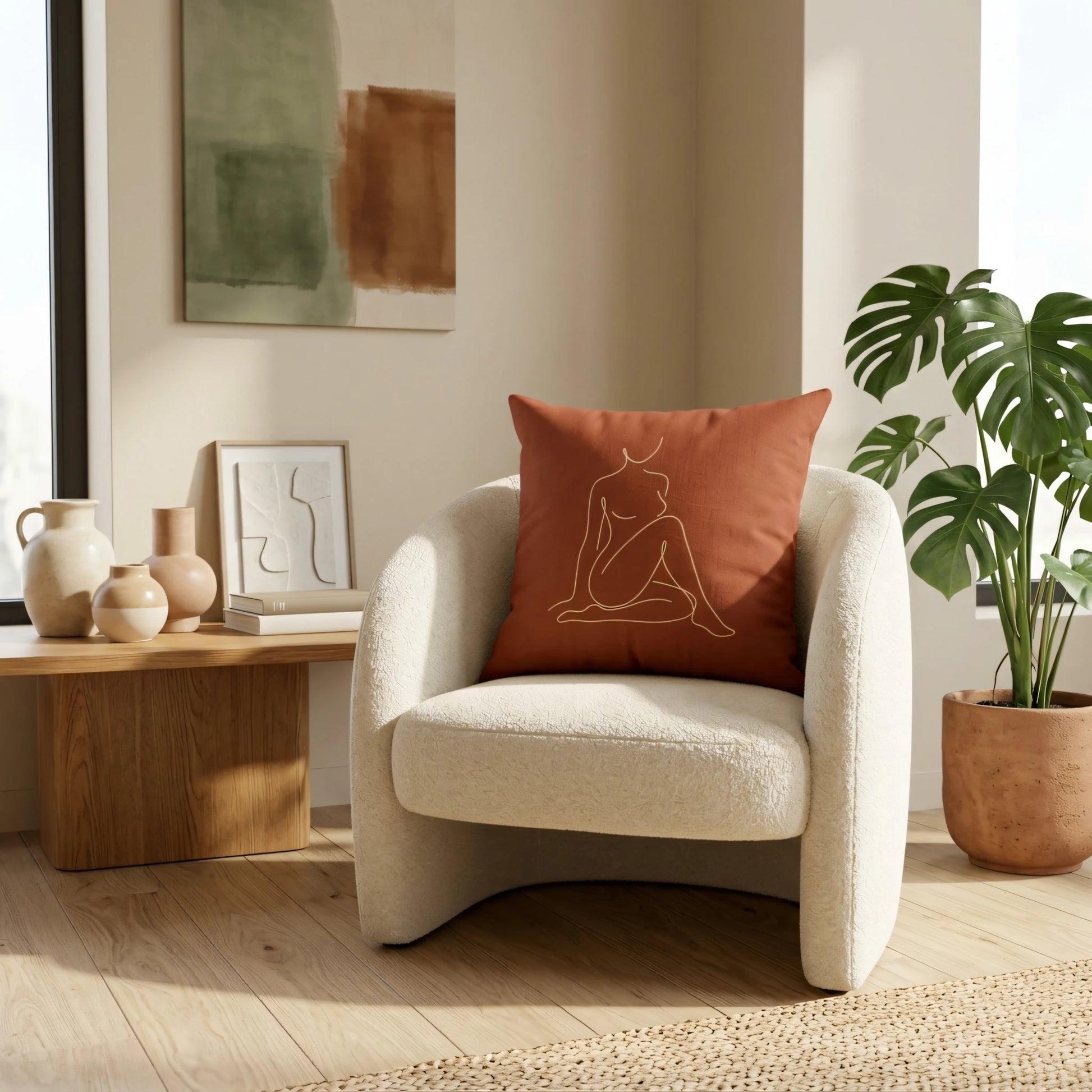 Terracotta cushion with minimalist female line art on a white bouclé armchair in a bright, modern living room with a Monstera plant.