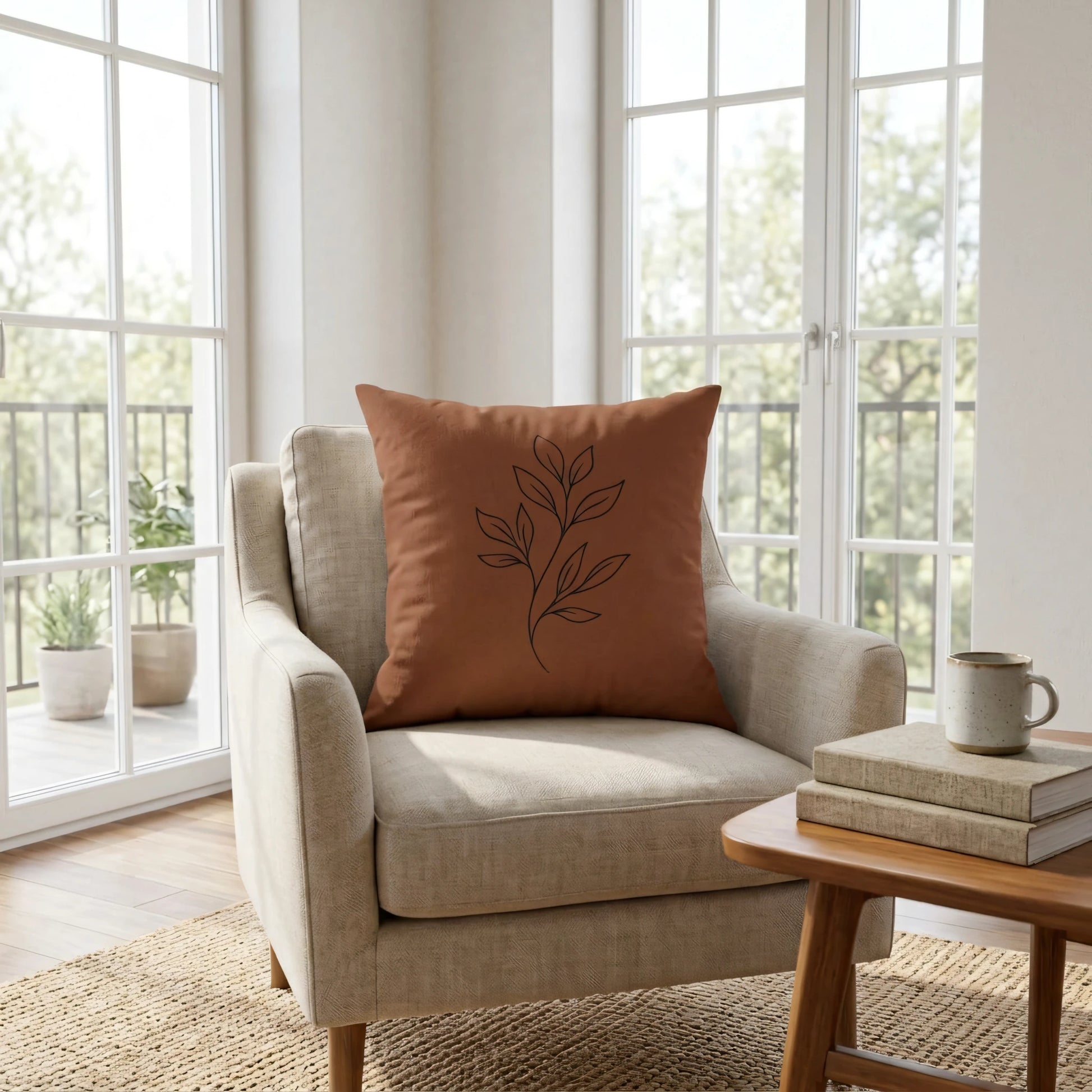 Terracotta botanical throw pillow with black line art on a cream armchair in a bright, sunlit living room setting with large windows.