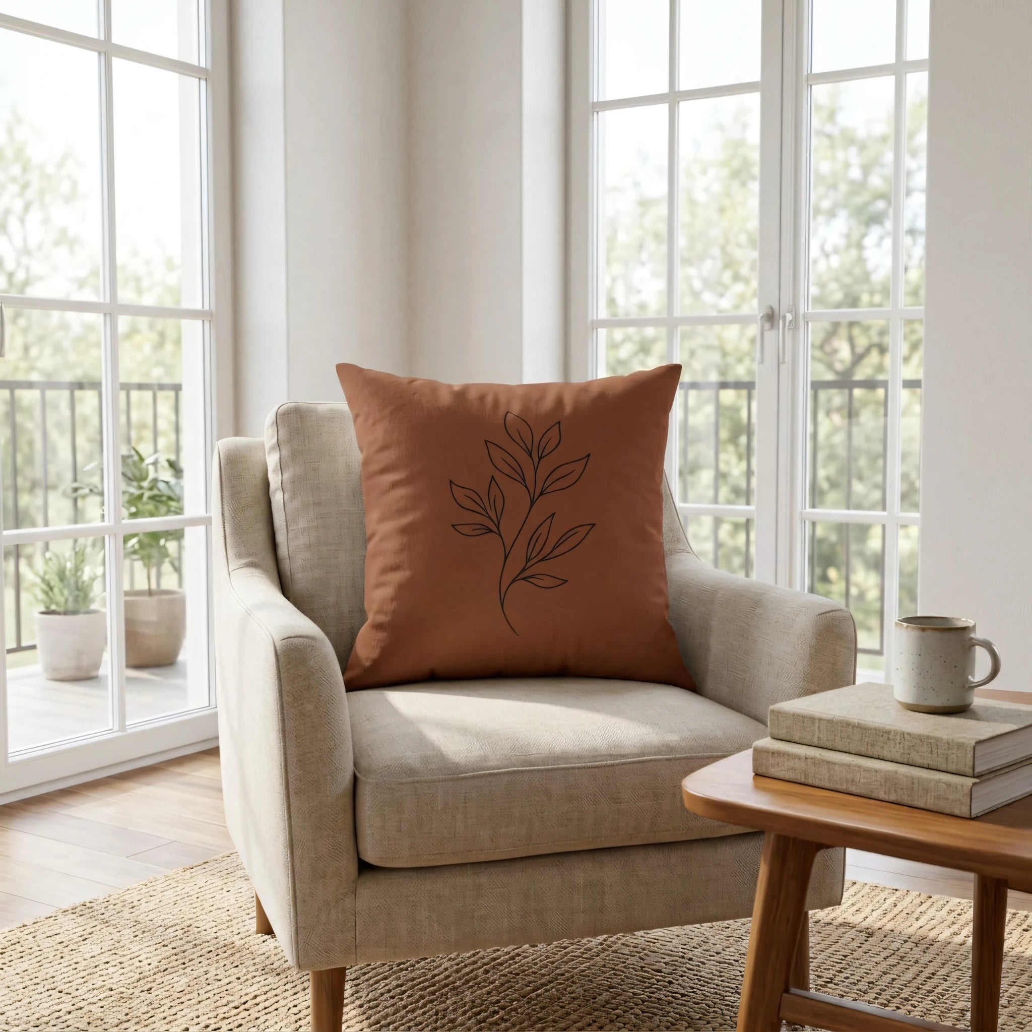 Terracotta botanical throw pillow with black line art on a cream armchair in a bright, sunlit living room setting with large windows.