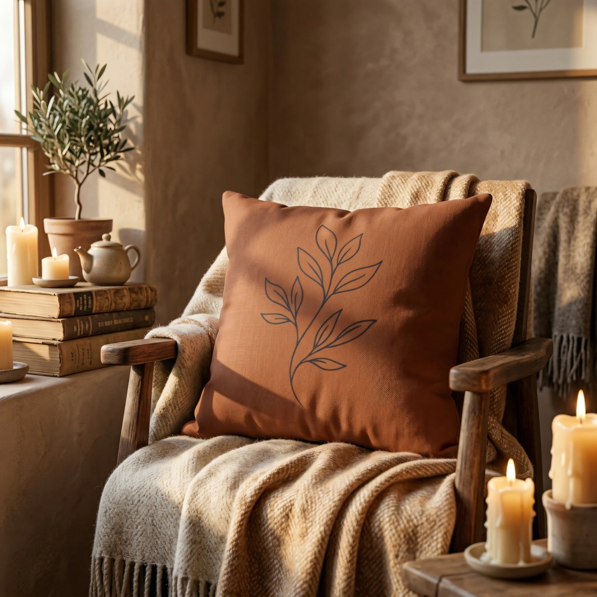 Burnt orange cushion featuring a minimalist leaf design on a wooden armchair with a beige throw in a cozy, sunlit room.