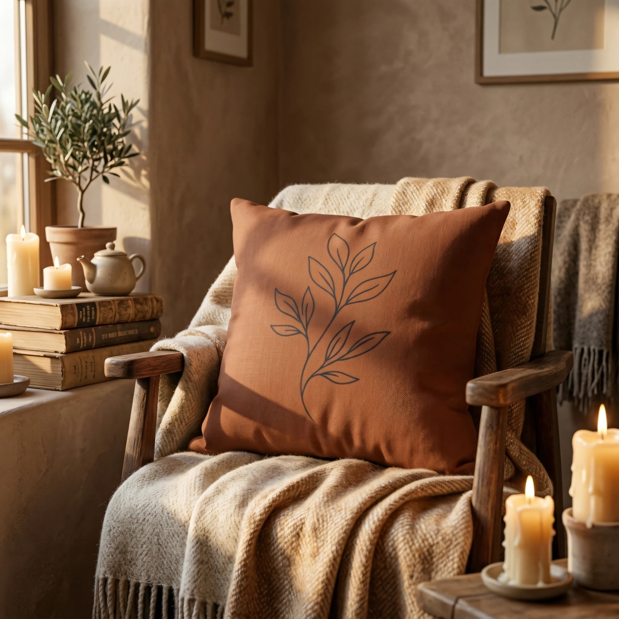 Burnt orange cushion featuring a minimalist leaf design on a wooden armchair with a beige throw in a cozy, sunlit room.