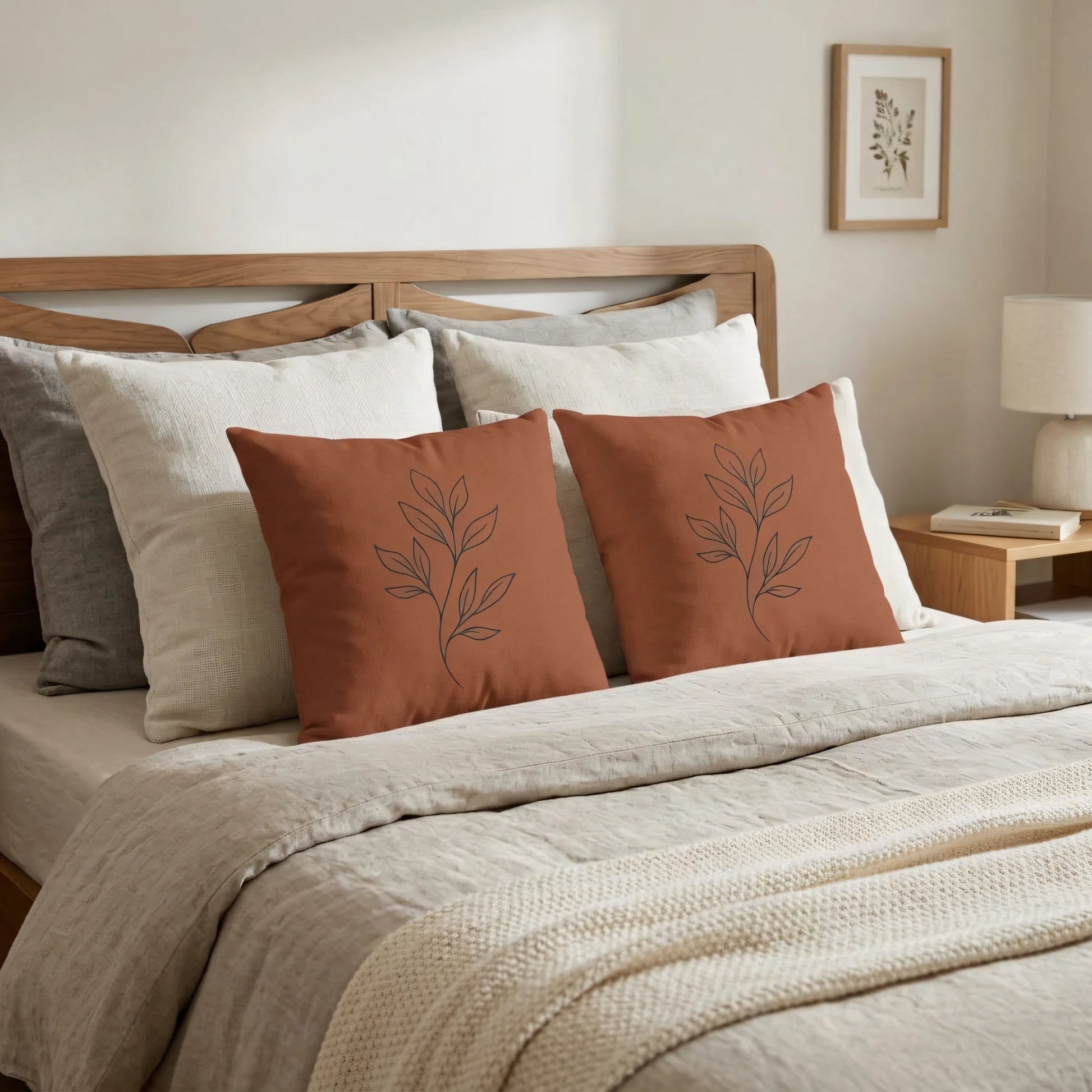 Minimalist terracotta throw pillows with black leaf line art on a cozy beige bed with a wooden headboard in a modern, neutral bedroom.