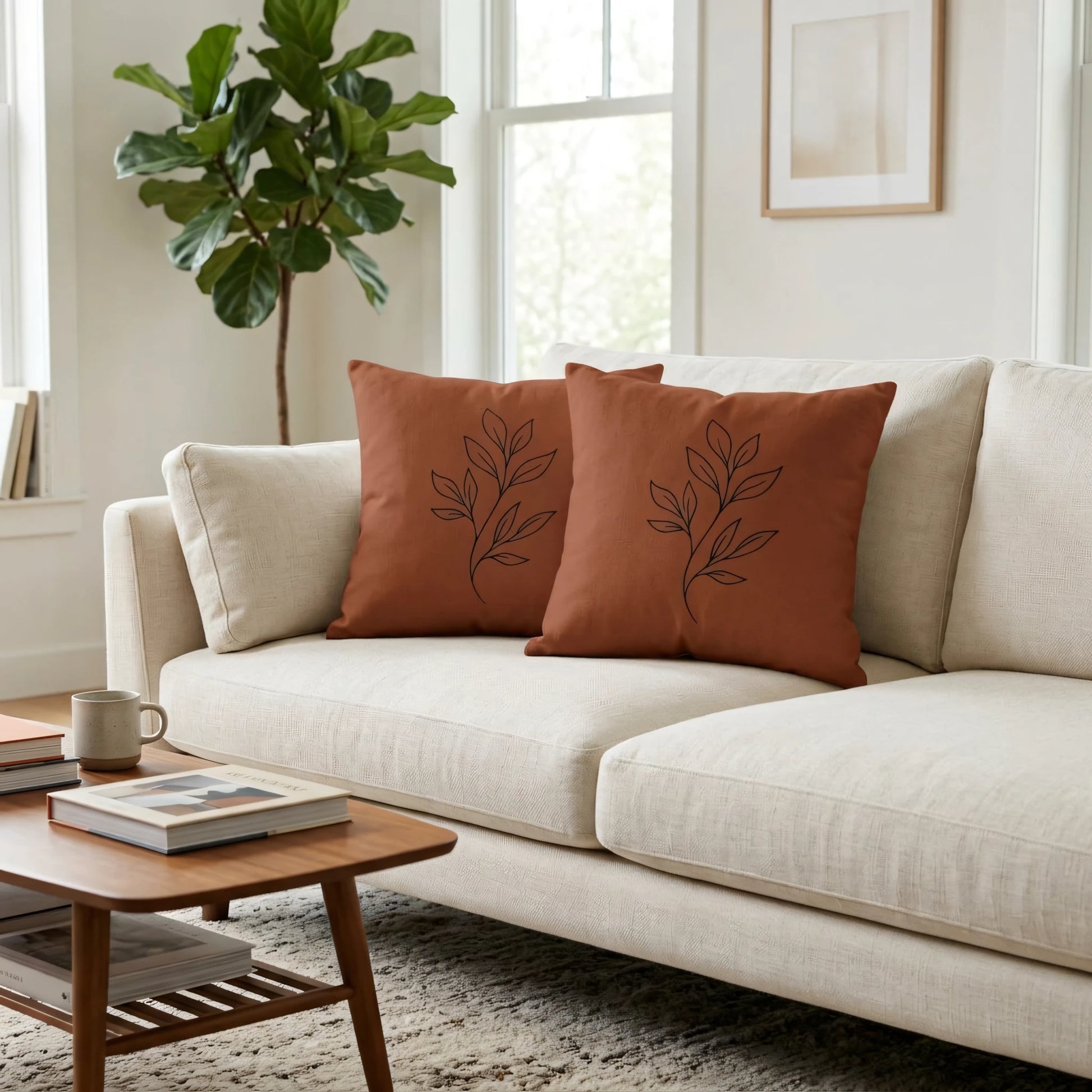 Pair of terracotta throw pillows with black leaf line art on a cream sofa in a bright, modern living room scene.