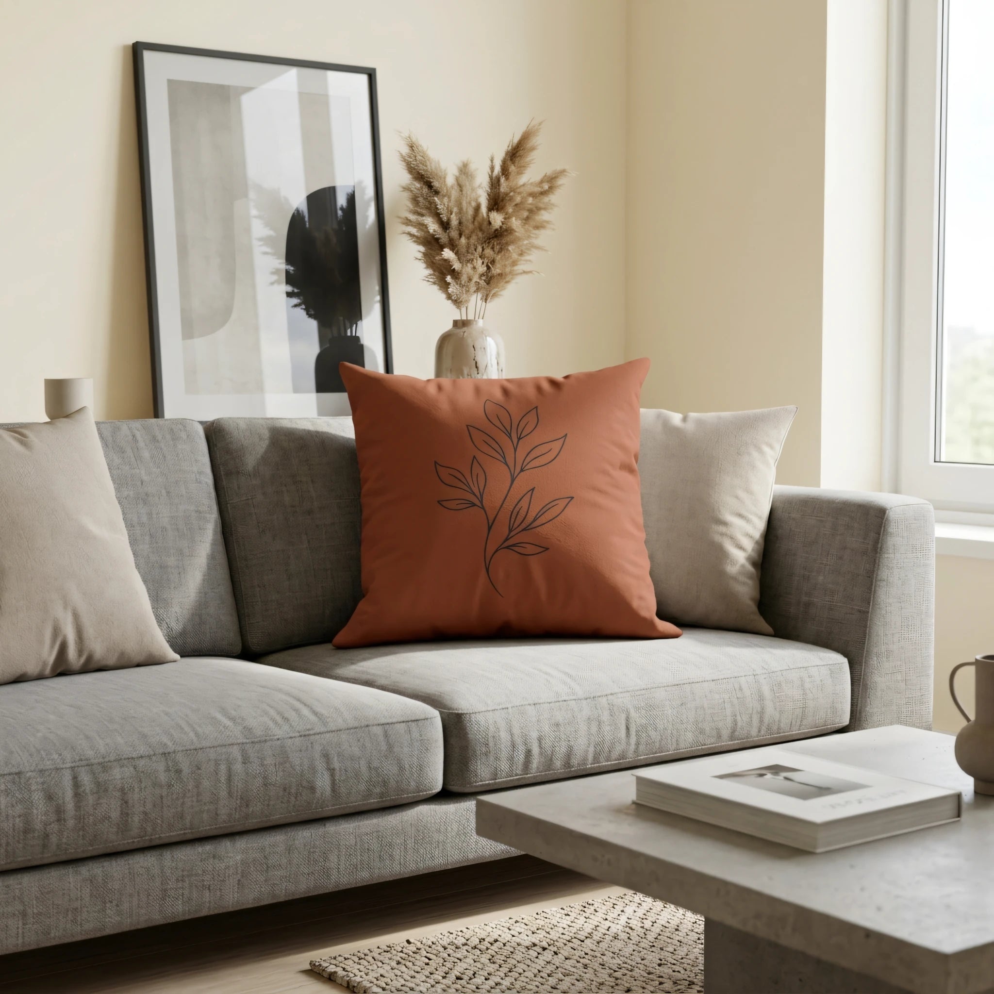 Rust orange decorative pillow with a black botanical leaf design on a grey sofa in a minimalist modern living room with pampas grass.