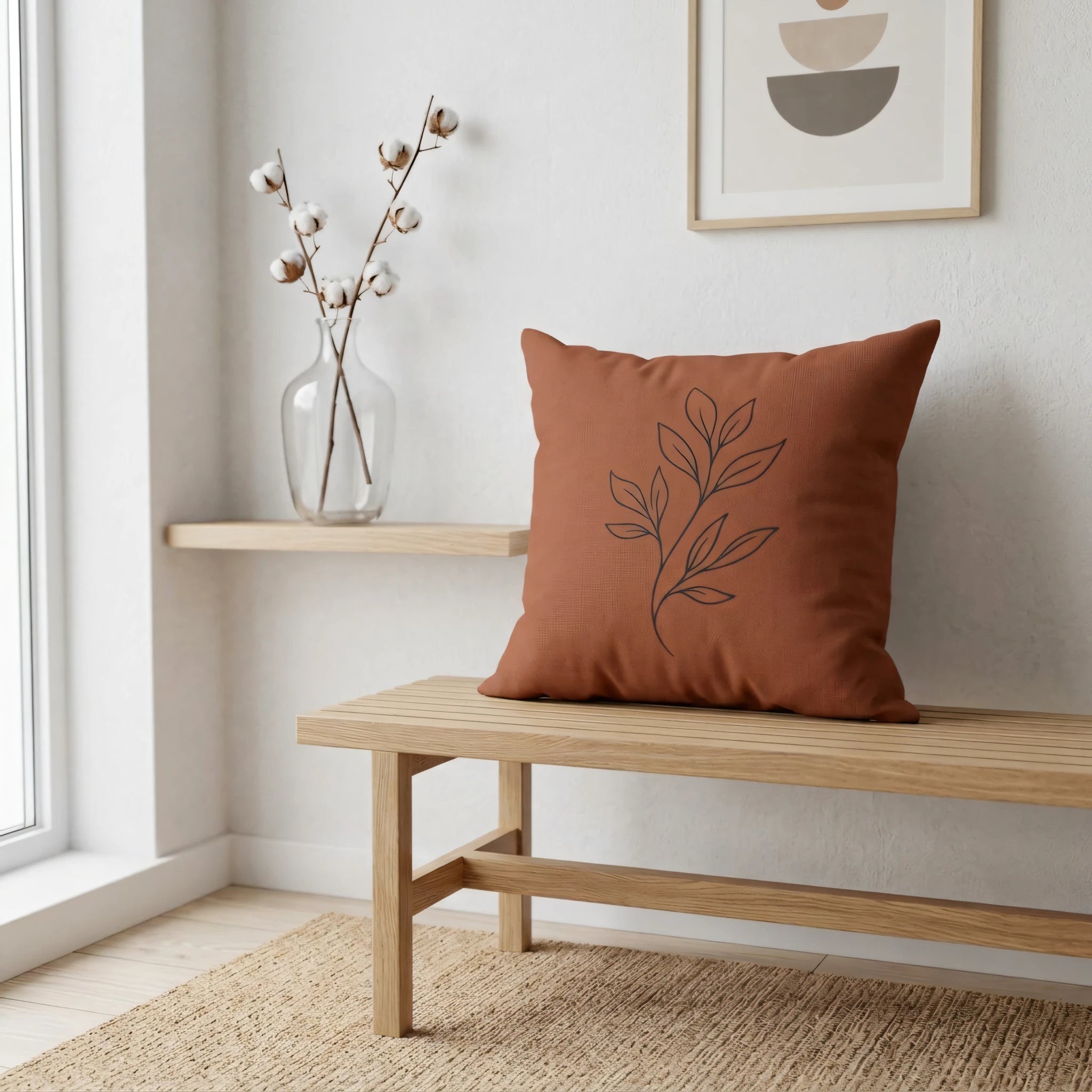 Terracotta throw pillow with a black botanical line art design on a wooden bench in a minimalist interior with natural decor.