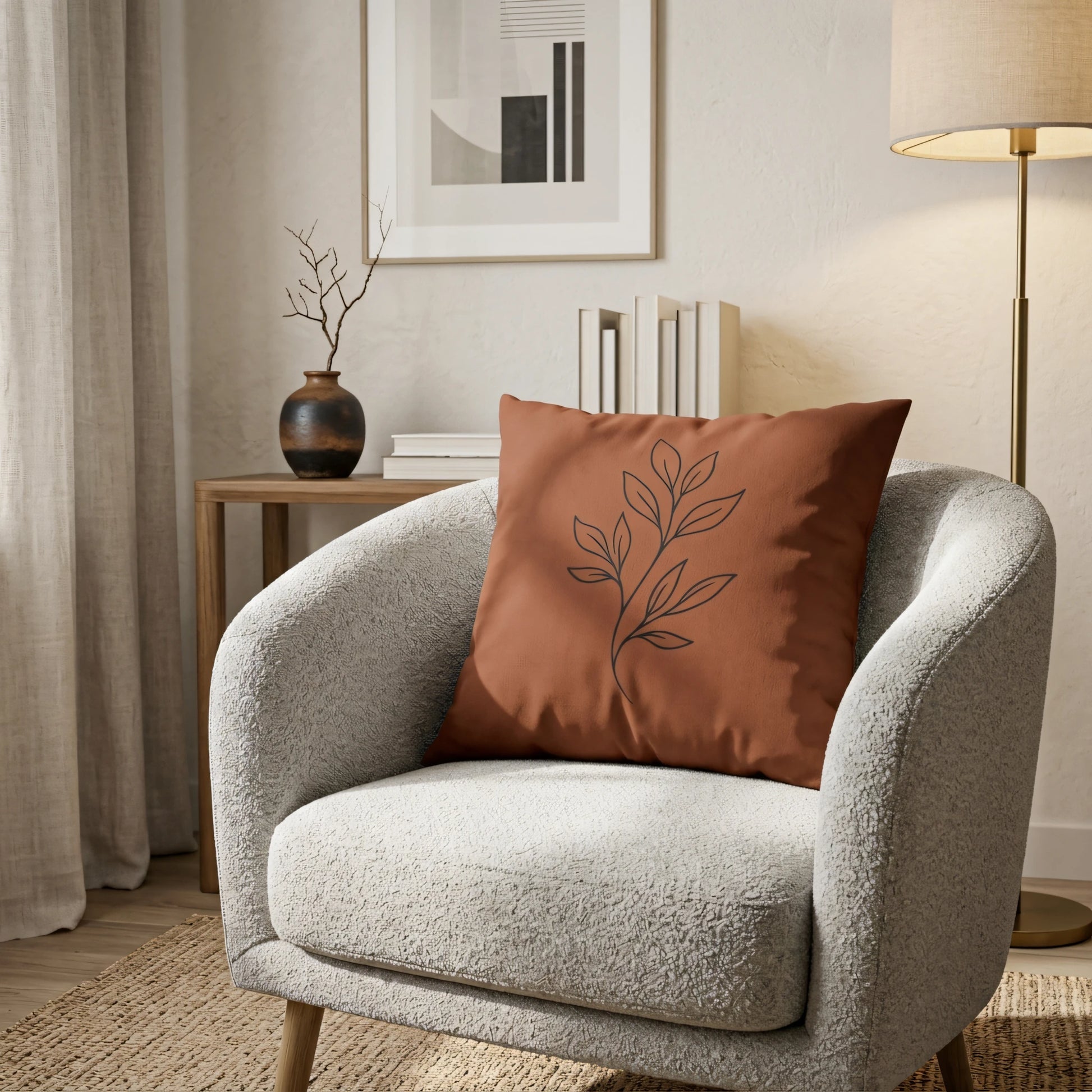 Terracotta decorative pillow with a black leaf line drawing on a grey textured armchair in a minimalist living room lifestyle scene.