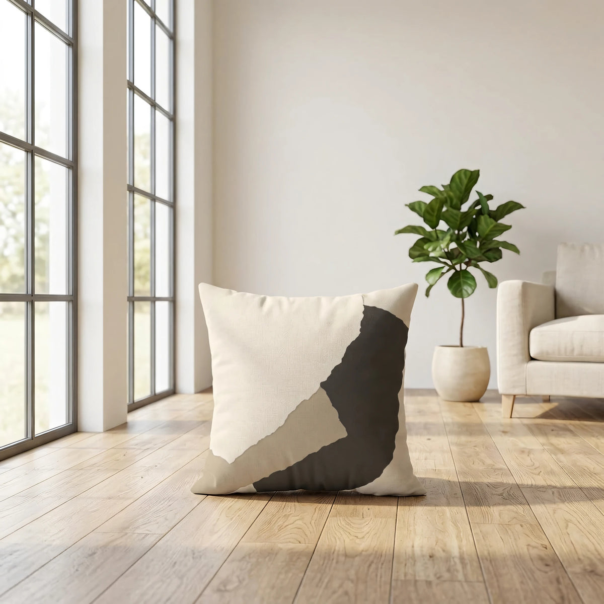 Coffee and Cream Deconstructed Collage Cushion Cover with R, lifestyle view.