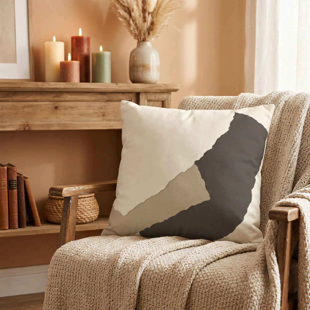 Coffee and Cream Deconstructed Collage Cushion Cover with R, lifestyle view.
