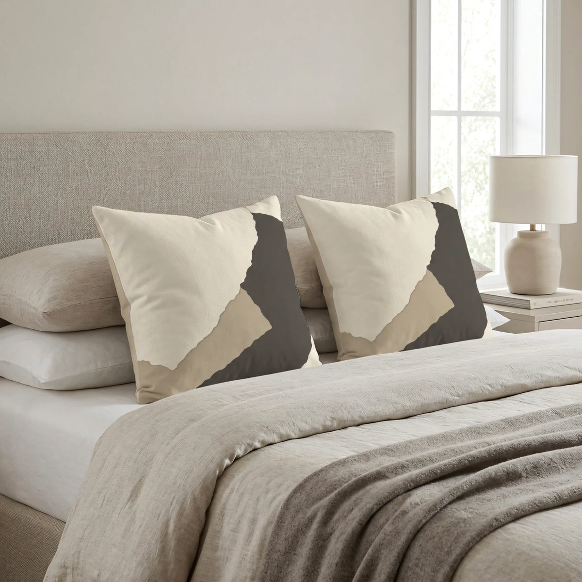 Coffee and Cream Deconstructed Collage Cushion Cover with R, lifestyle view.