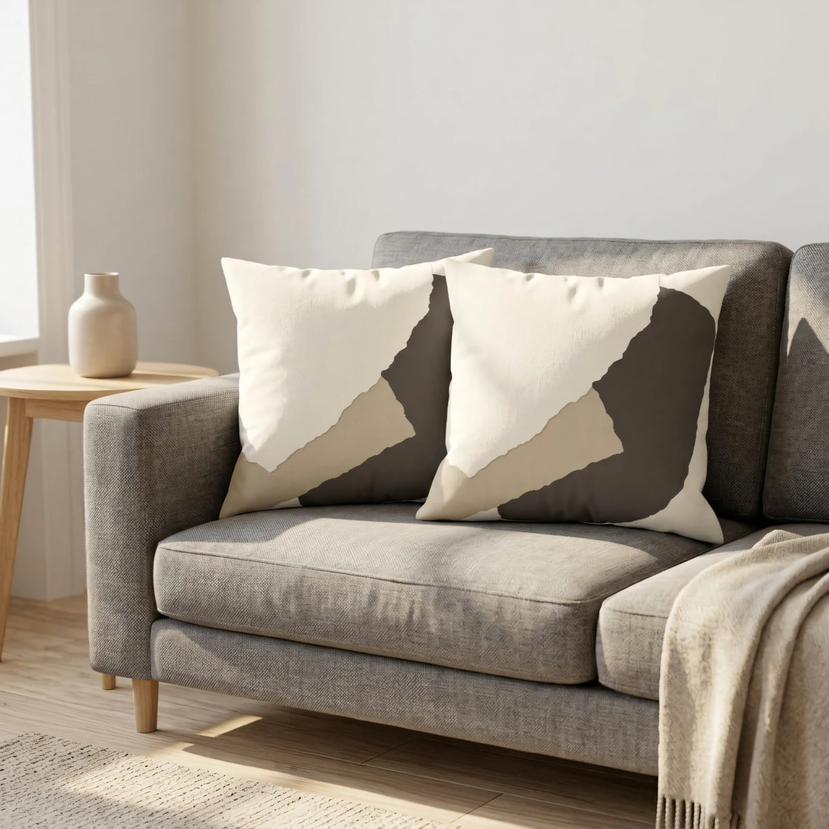 Coffee and Cream Deconstructed Collage Cushion Cover with R, lifestyle view.