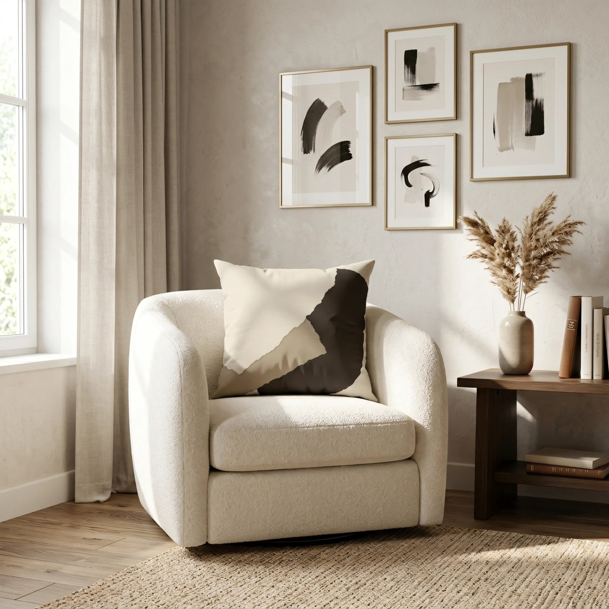 Coffee and Cream Deconstructed Collage Cushion Cover with R, lifestyle view.