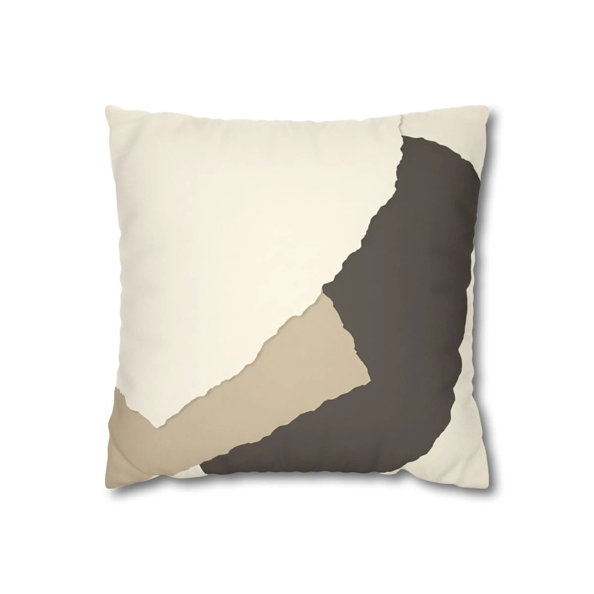 Front view of Coffee and Cream Deconstructed Collage Cushion Cover with R on a white background.