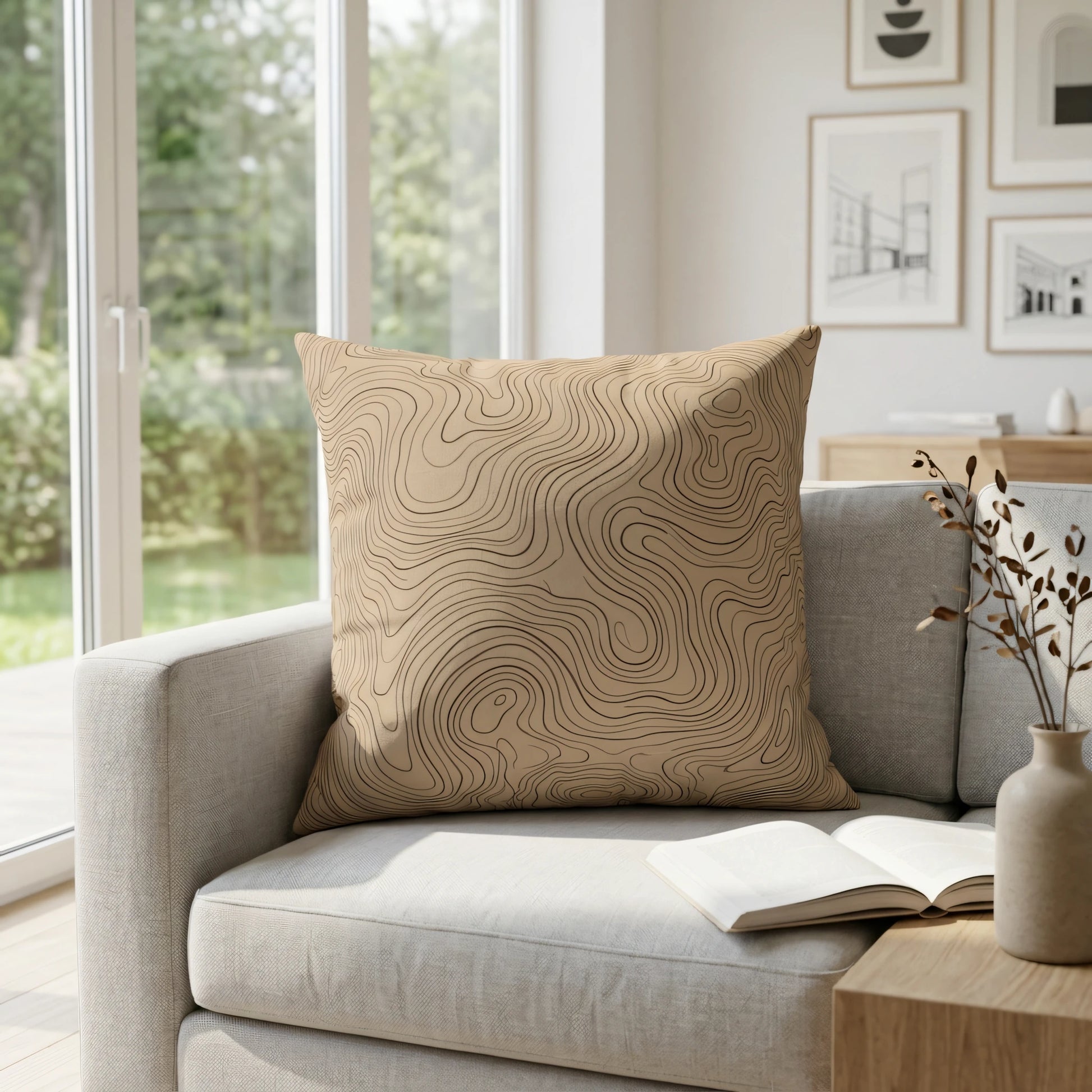 Tan topographic pattern throw pillow on a light grey couch in a sunlit living room with an open book and modern decor.