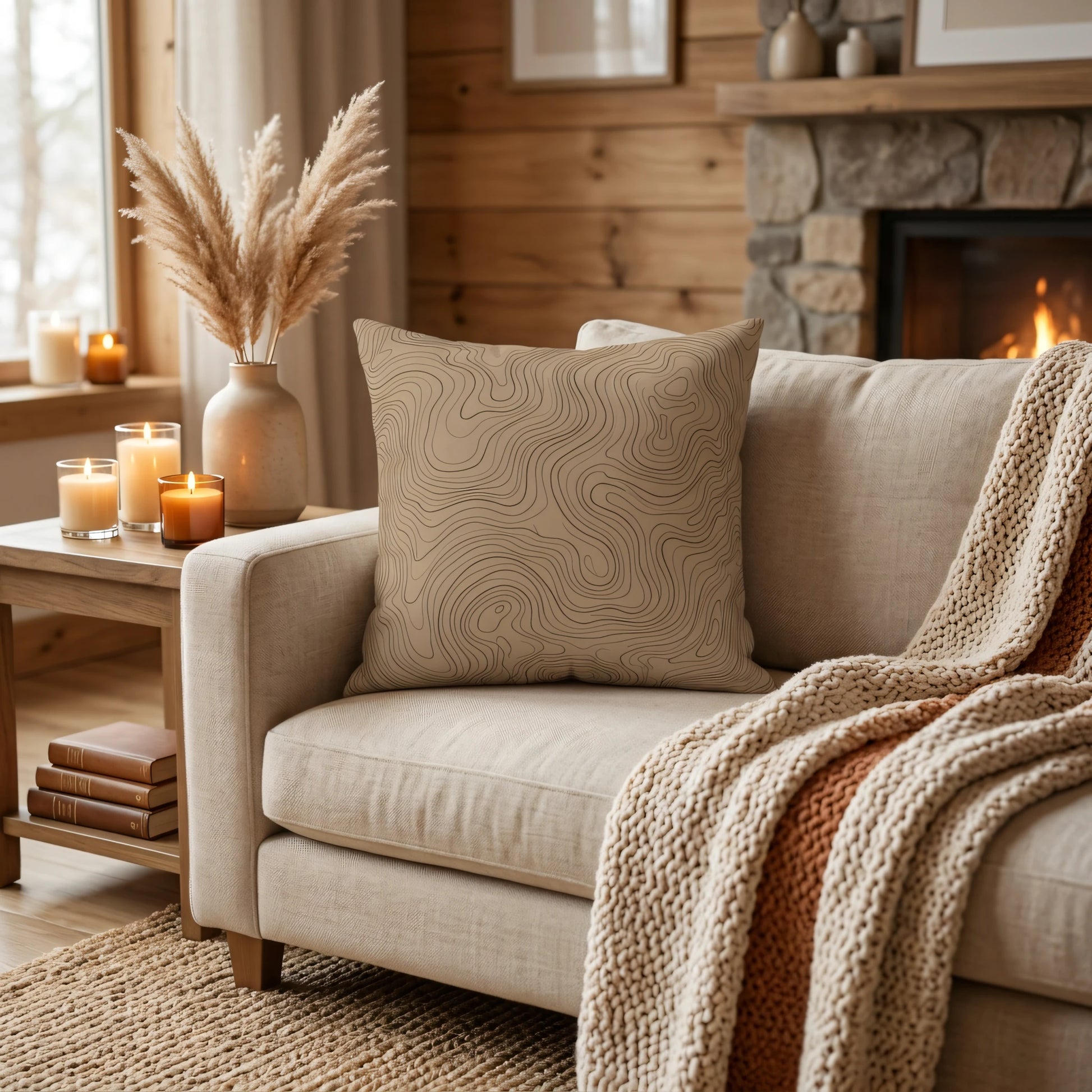 Tan topographic line art pillow on a neutral sofa in a cozy living room with a warm fireplace, candles, and a chunky knit blanket.