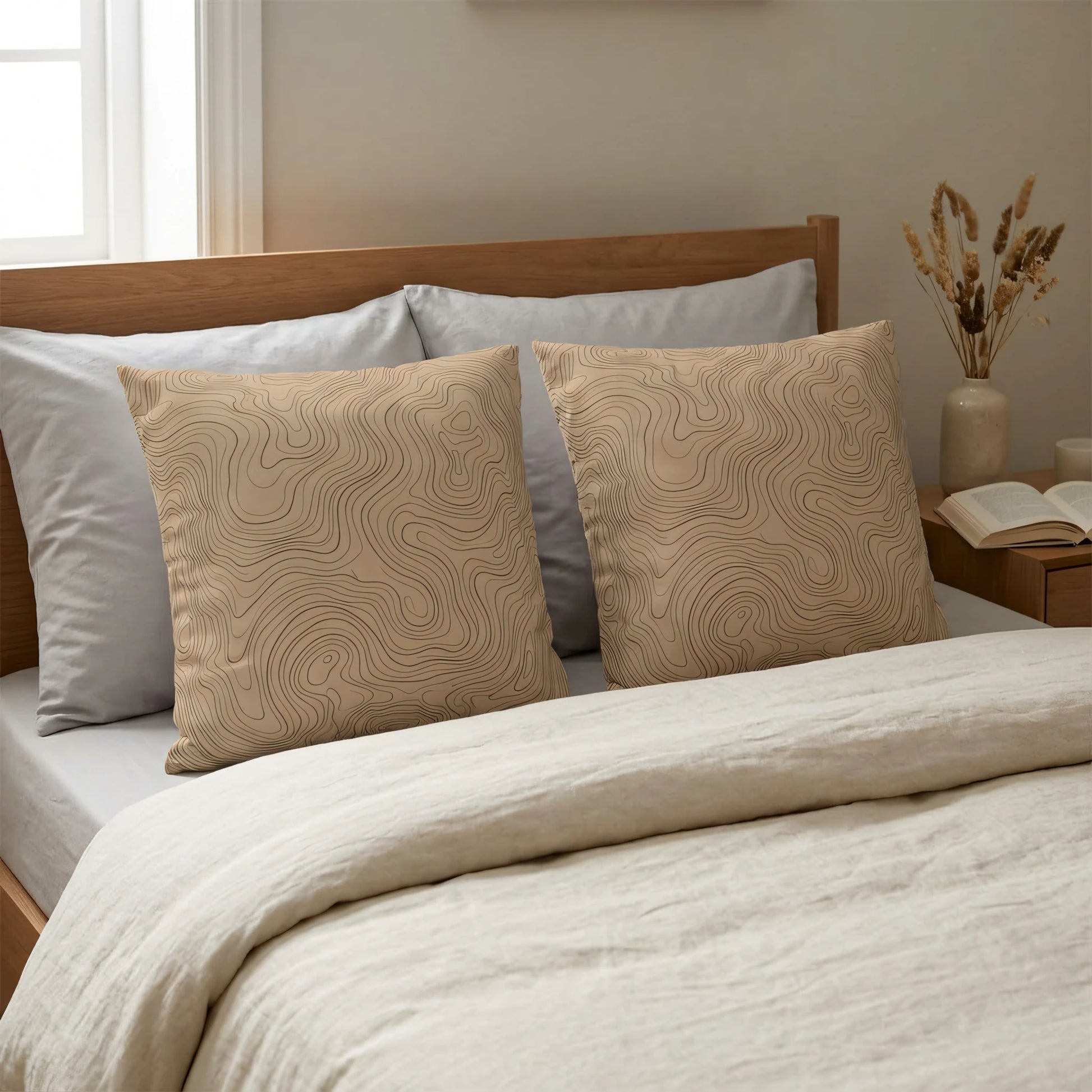 Tan throw pillows with black topographic map patterns on a bed with grey cushions, cream bedding, and a wooden headboard in a modern bedroom.