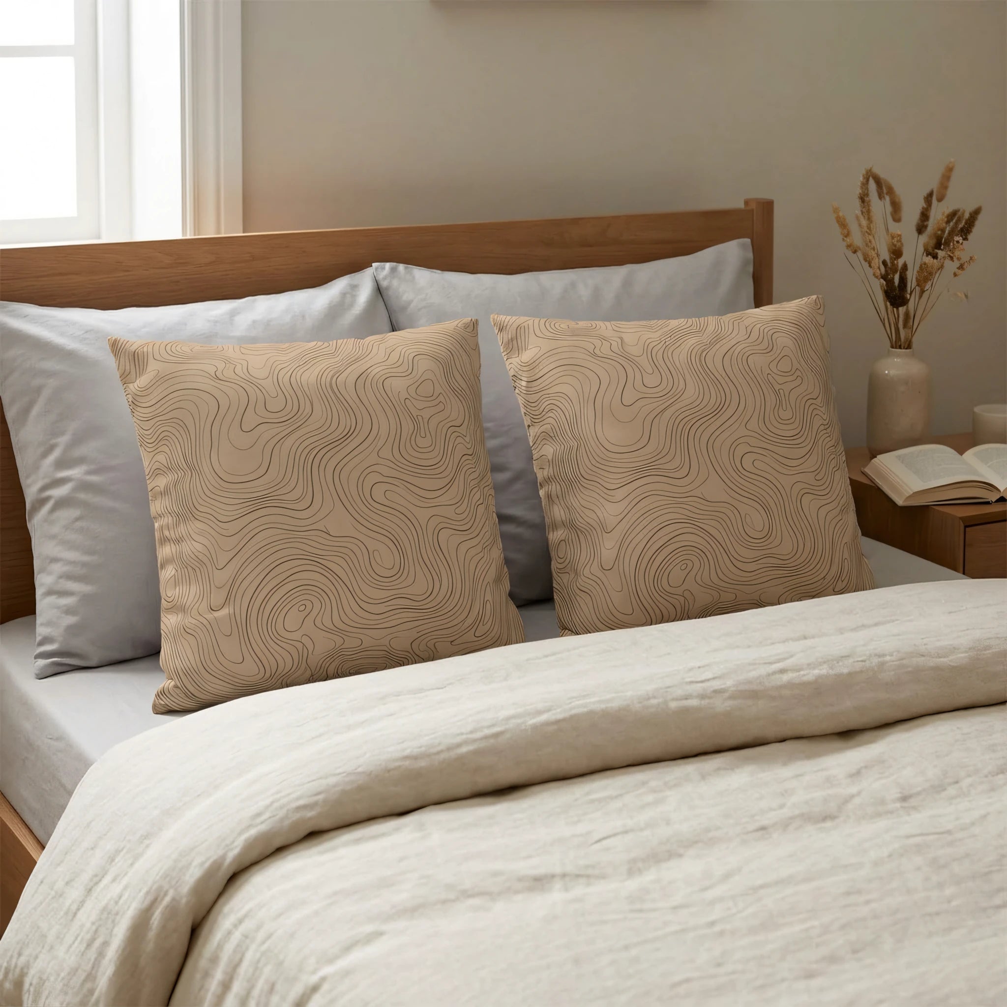 Tan throw pillows with black topographic map patterns on a bed with grey cushions, cream bedding, and a wooden headboard in a modern bedroom.