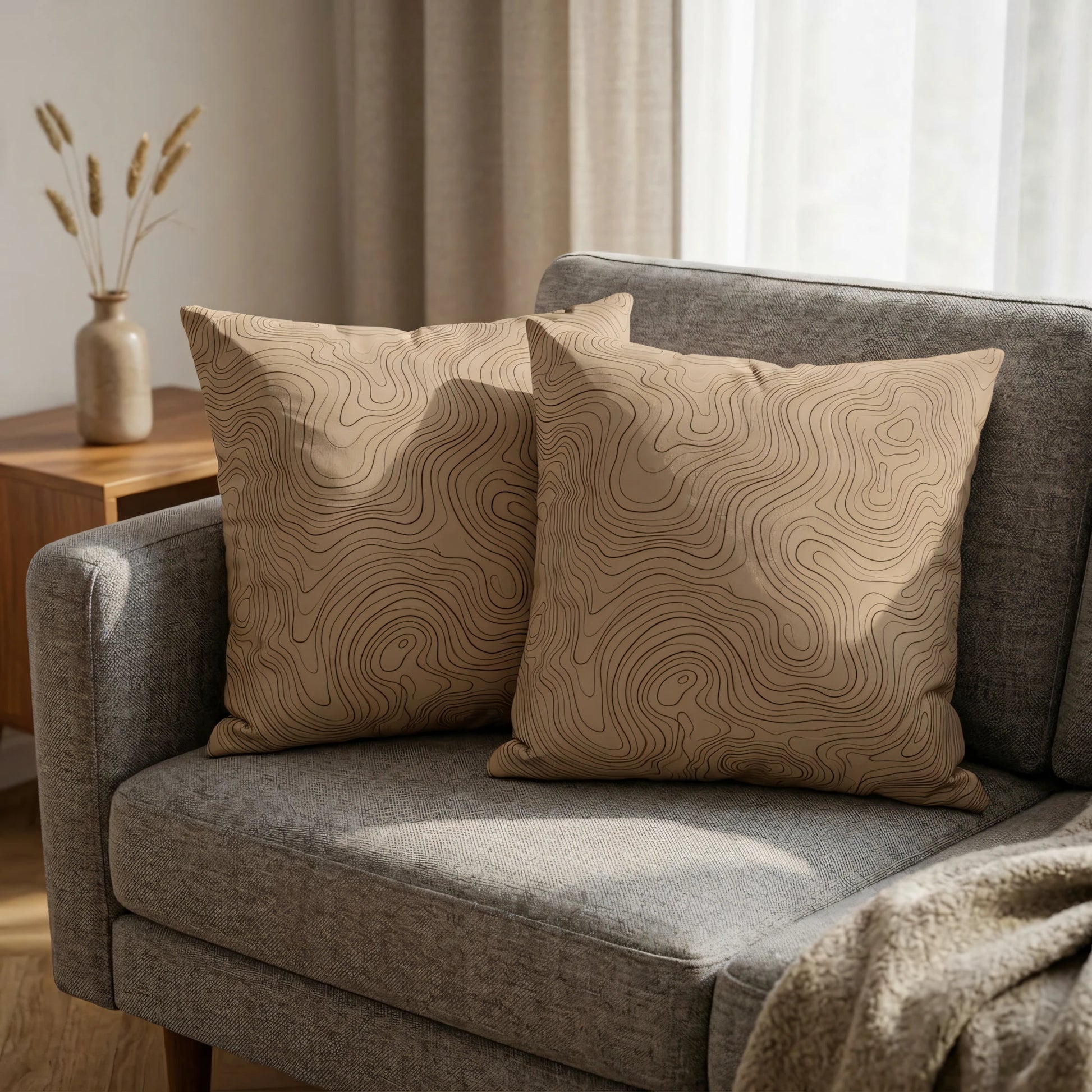 Pair of tan decorative pillows featuring black wavy topographic patterns displayed on a grey fabric couch in a cozy, sunlit room.