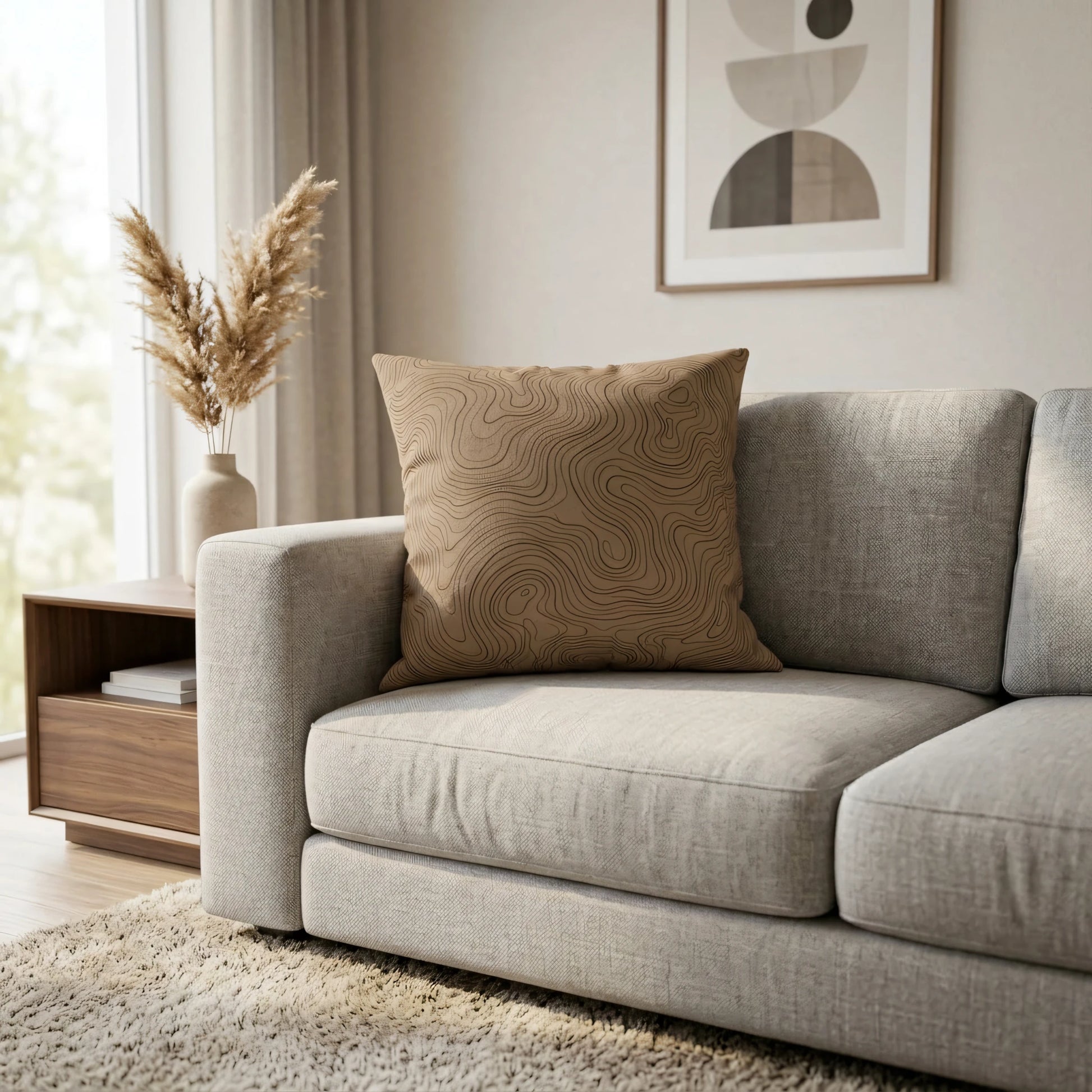 Tan topographic map pattern cushion on a grey fabric sofa in a modern minimalist living room with pampas grass and abstract wall art.