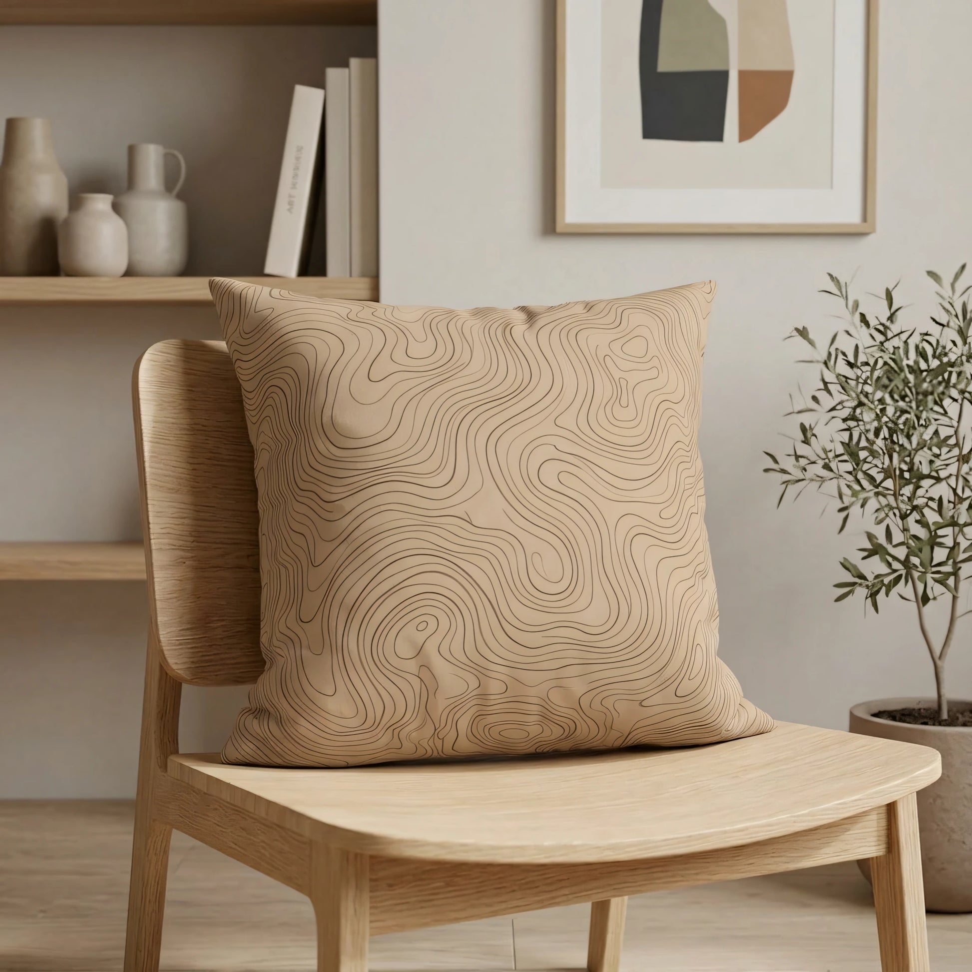 Minimalist beige cushion with topographic line art on a wooden chair in a modern living room setting with neutral decor and an olive tree.