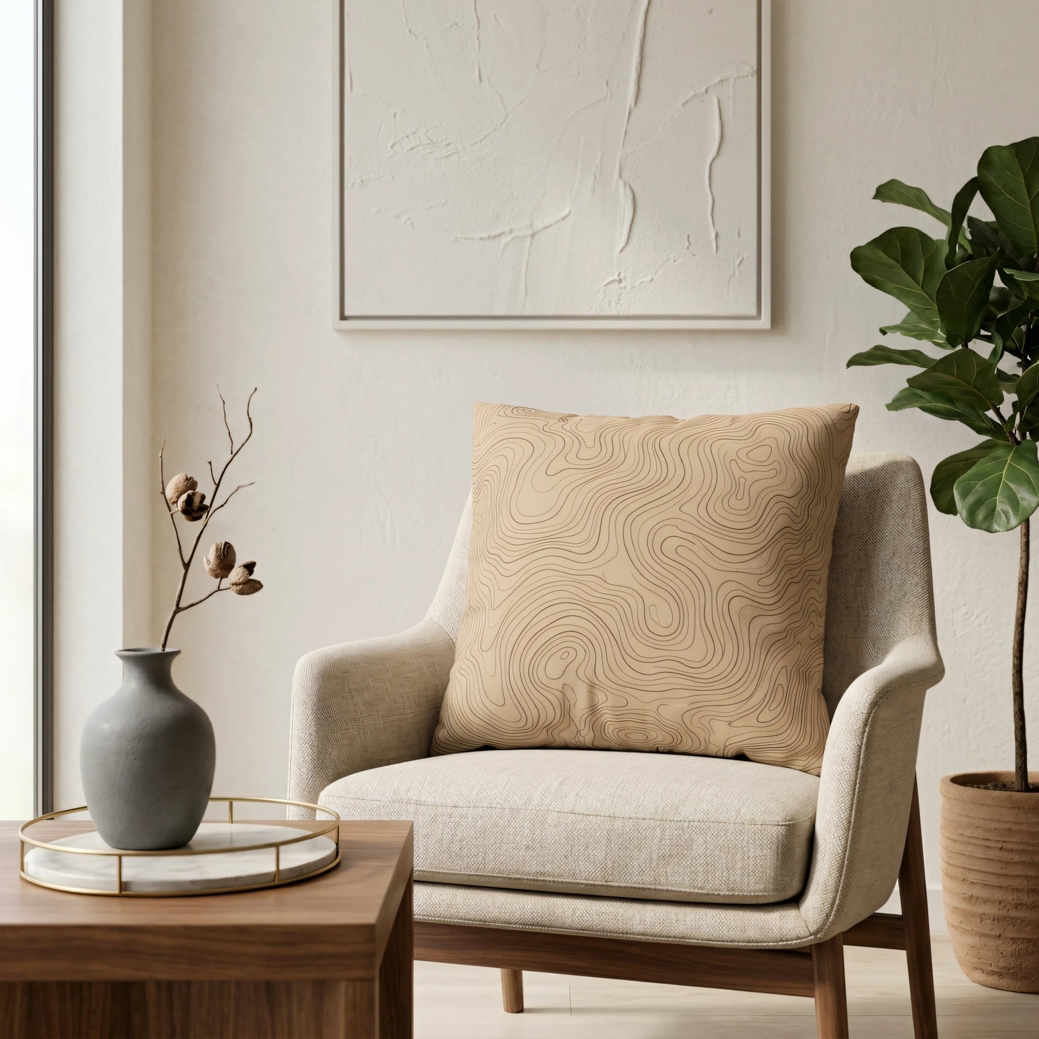 Tan topographic pattern decorative pillow on a neutral armchair in a cozy modern living room setting with a green plant and grey vase.