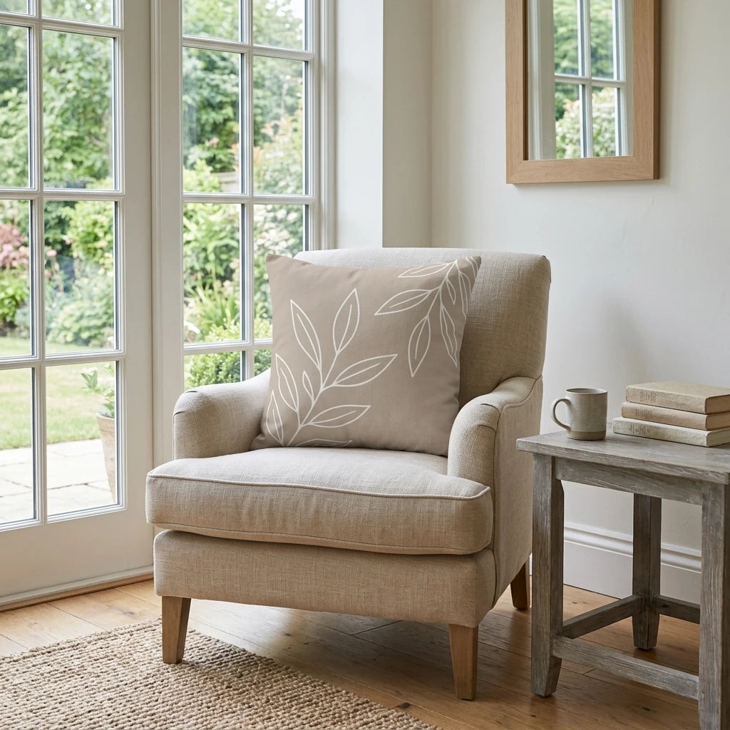 Neutral tan throw pillow with a white botanical leaf pattern on a beige armchair in a bright living room with a wooden side table.