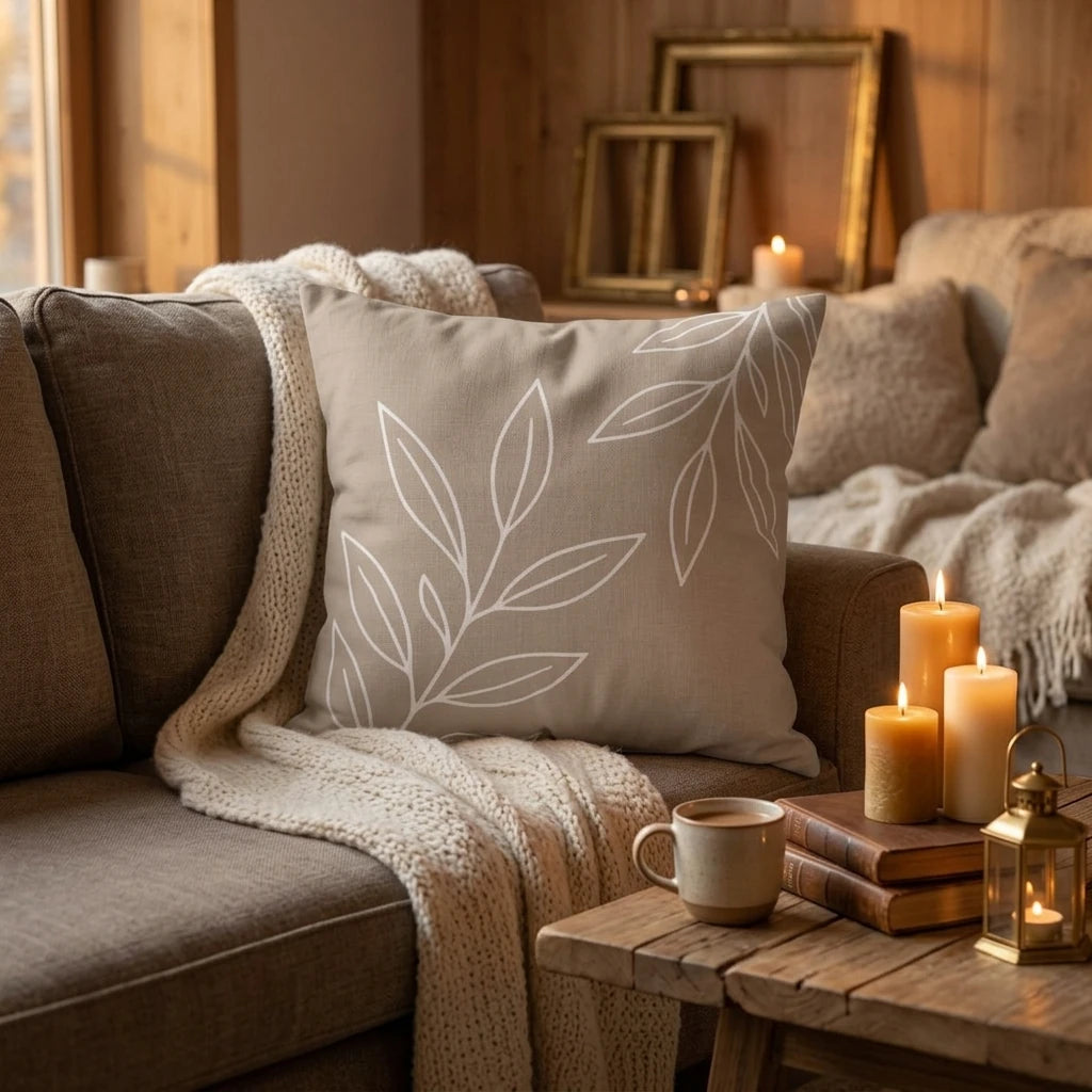 Taupe decorative pillow featuring white botanical leaf patterns on a cozy couch with a knitted throw, candles, and a warm mug of coffee.