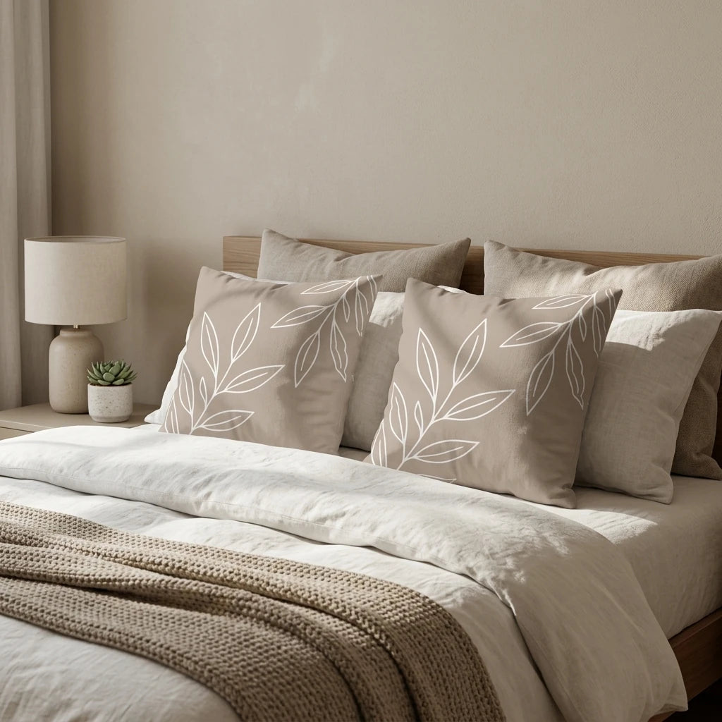 Two beige throw pillows with white leaf patterns on a cozy bed in a minimalist bedroom with a textured blanket and bedside lamp.