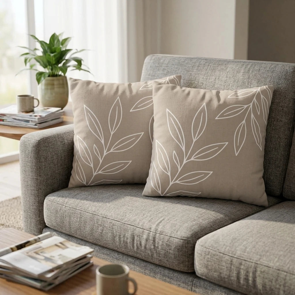 Pair of beige decorative cushions with white leaf line art on a grey fabric sofa in a cozy modern living room lifestyle setting.