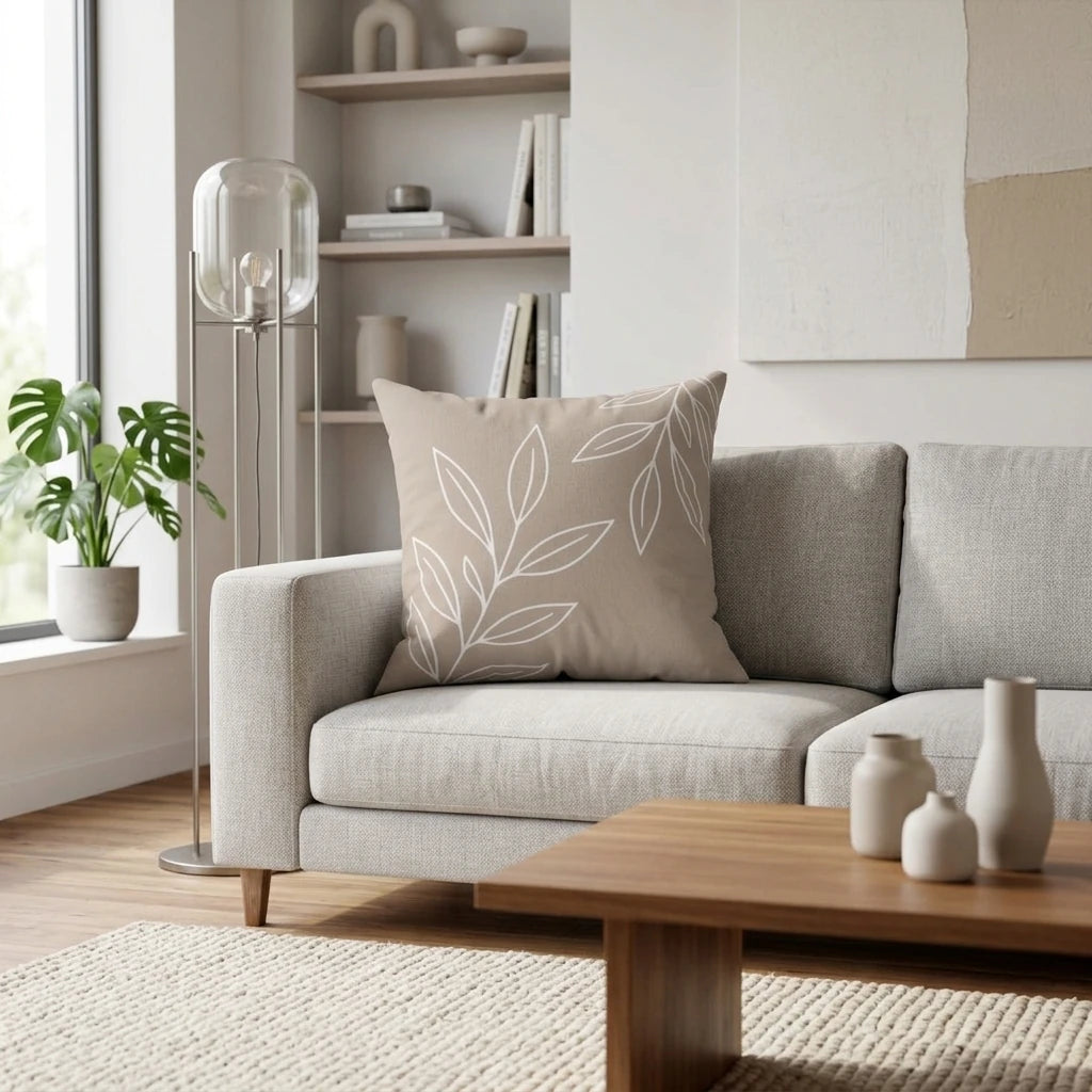 Modern beige throw pillow with white botanical line art on a light grey sofa in a bright, minimalist living room with wooden furniture.