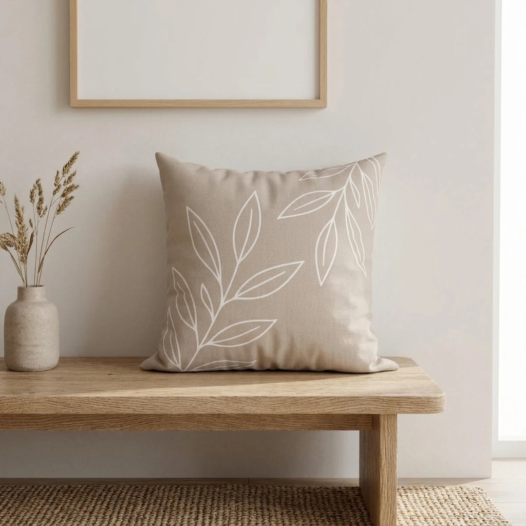 Minimalist beige pillow with a white leaf botanical line art design on a light wood bench in a neutral home interior.