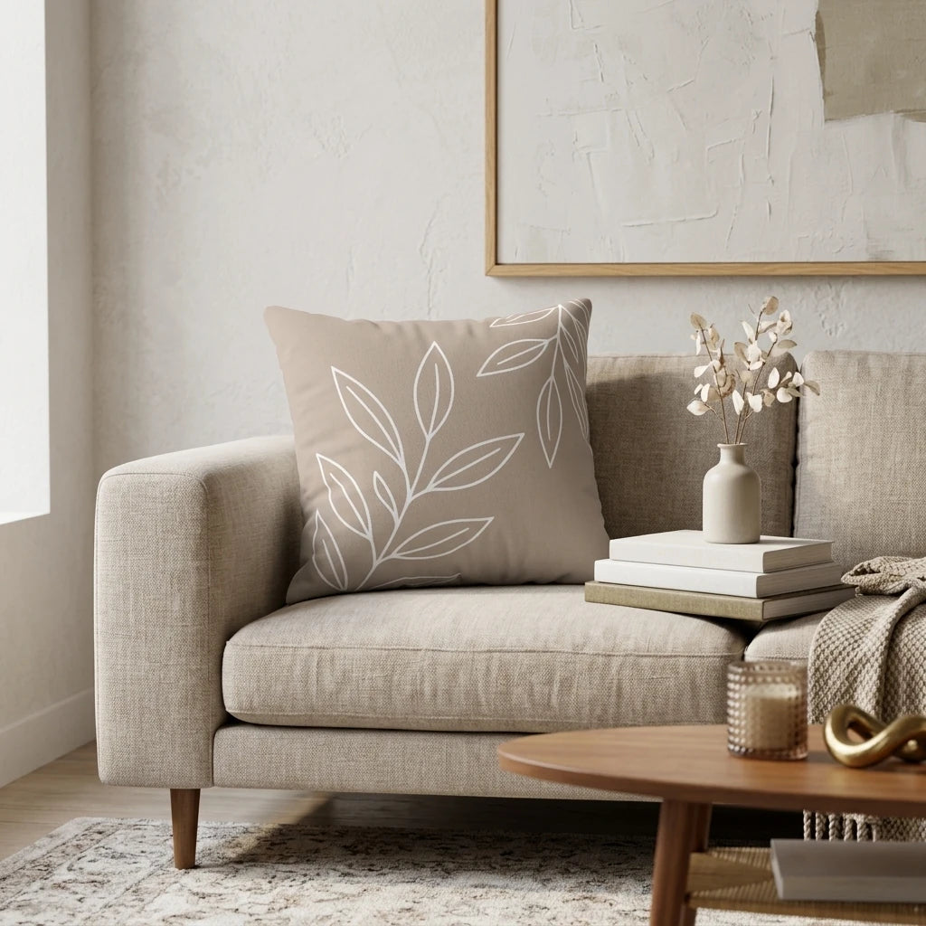 Beige decorative pillow with a white botanical leaf pattern on a neutral sofa in a modern, minimalist living room lifestyle setting.