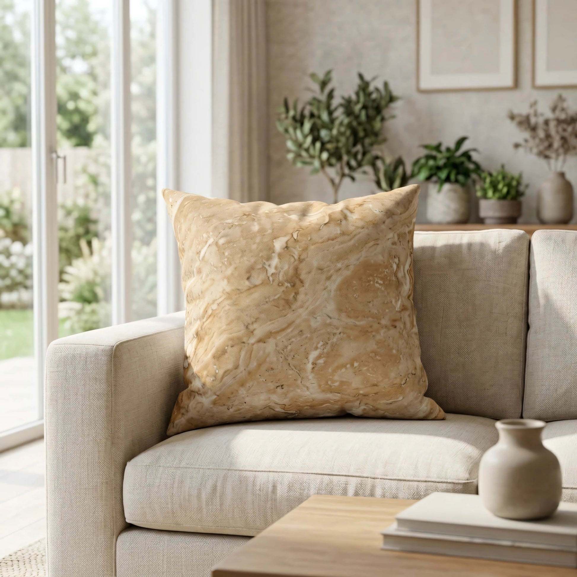 Tan marble textured throw pillow on a beige sofa in a sunlit, modern living room with green plants and a wooden coffee table.