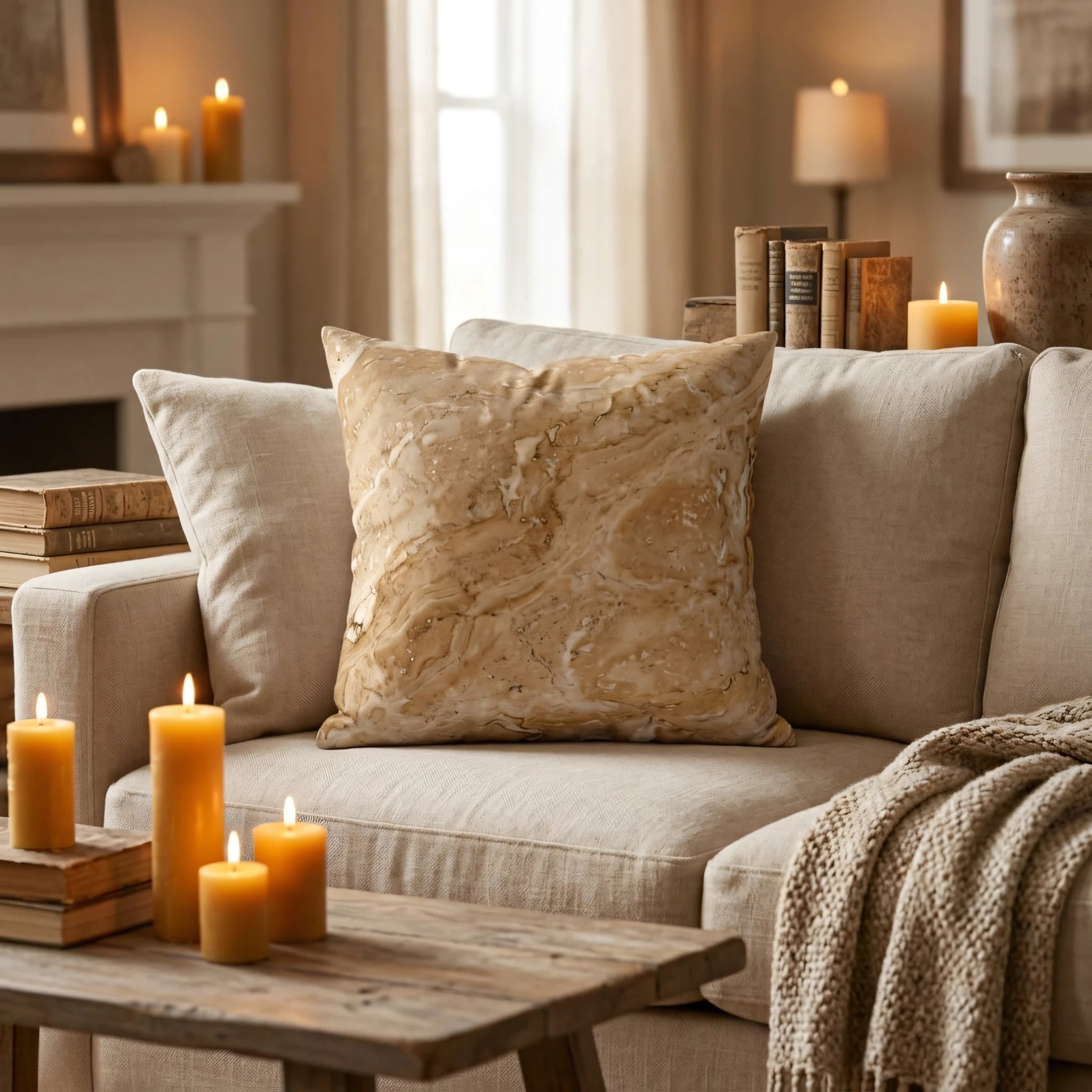 Beige marble pattern throw pillow on a soft couch in a cozy candlelit living room, featuring rustic wooden accents and warm home decor.
